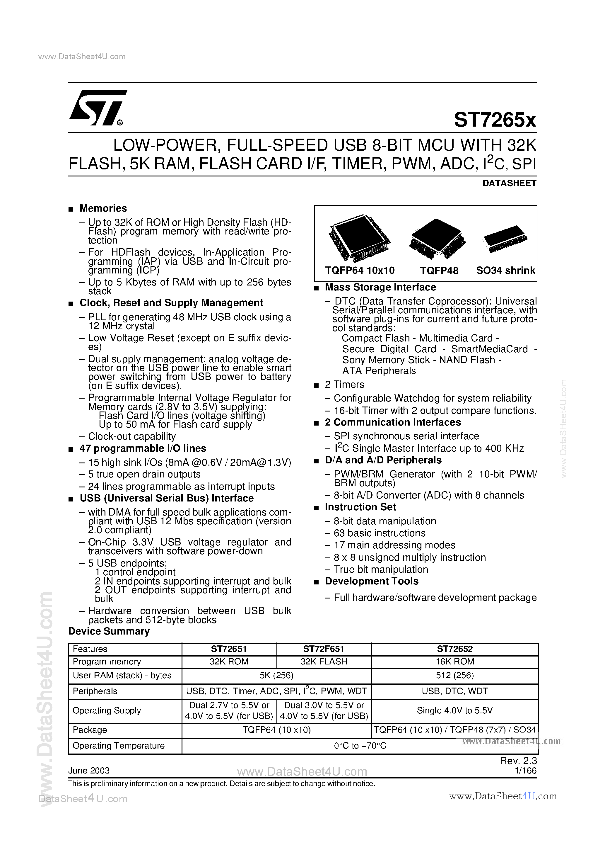 Datasheet ST72F65x - FULL-SPEED USB 8-BIT MCU page 1