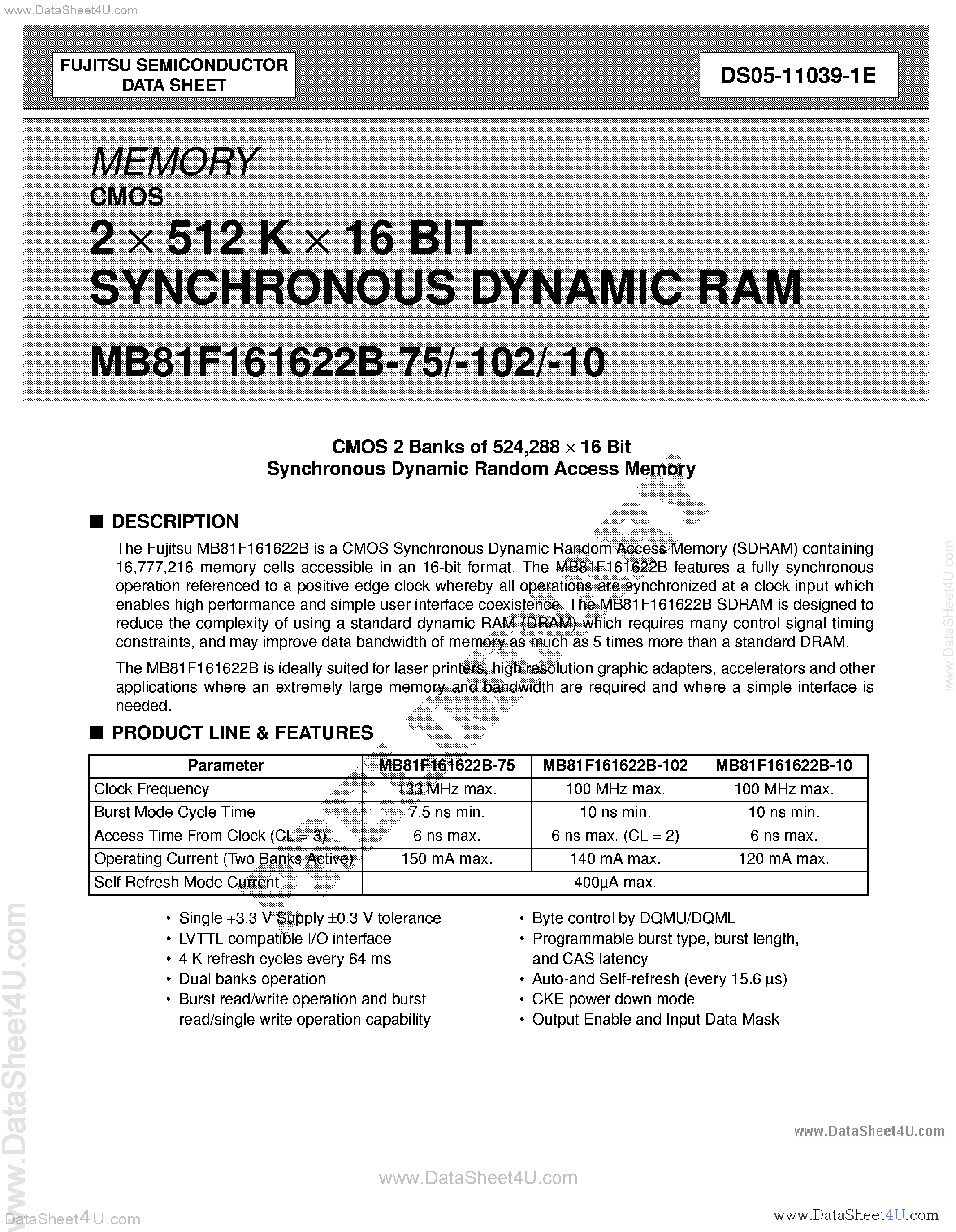 Datasheet MB81F161622B - 2 x 512K x 16-Bit SDRAM page 1