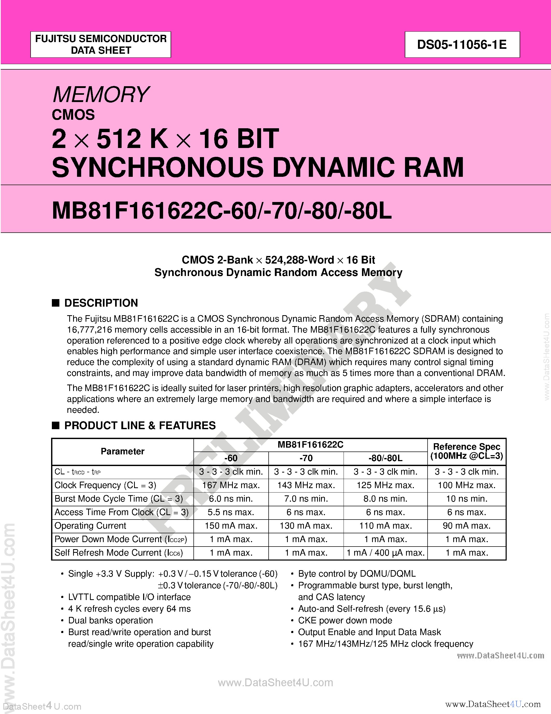Datasheet MB81F161622C - 2 x 512K x 16-Bit SDRAM page 1