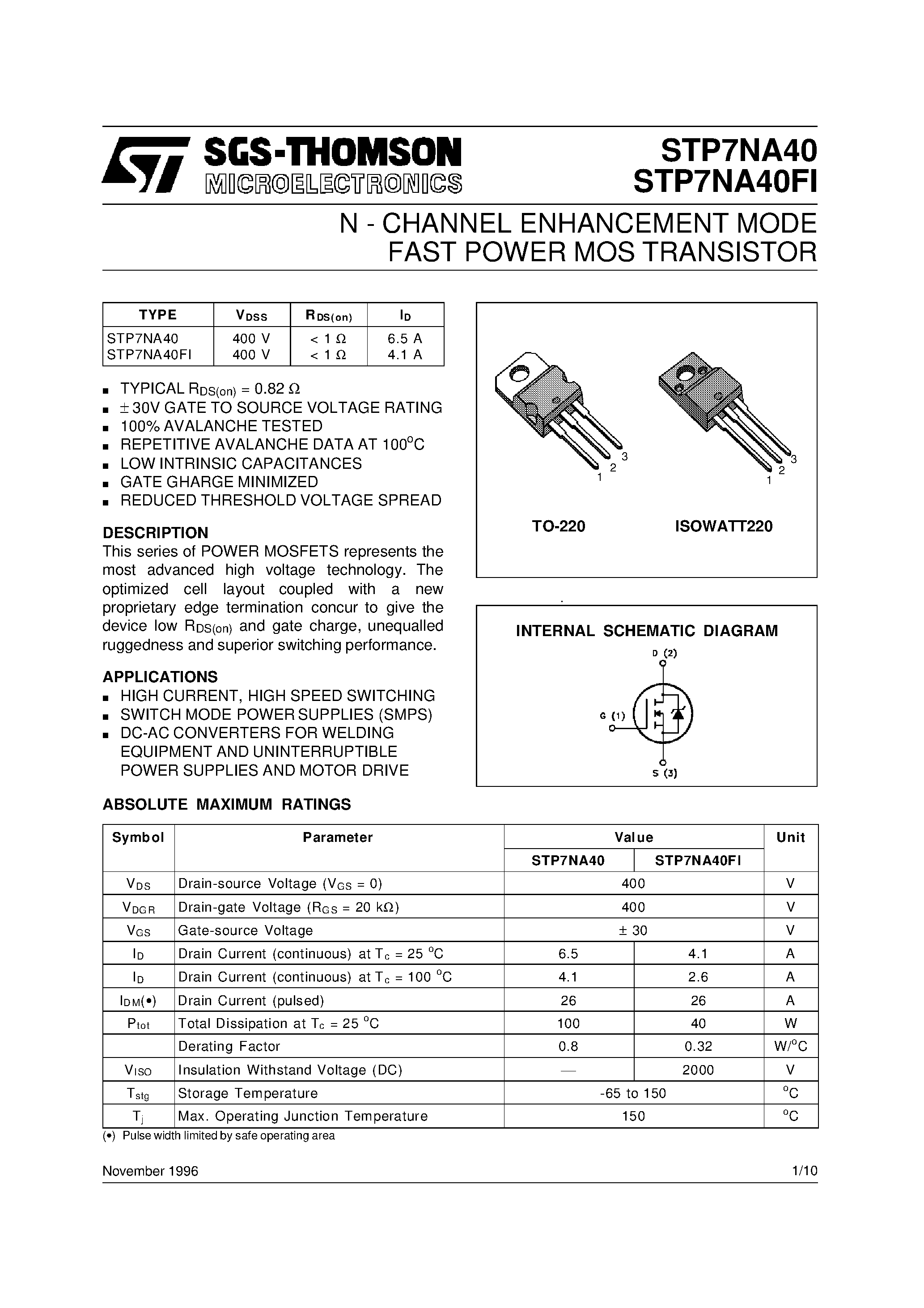 Datasheet STP7NA40 page 1 Datasheet STP7NA40 - N - CHANNEL ENHANCEMENT MODE FAST POWER MOS TRANSISTOR page 1