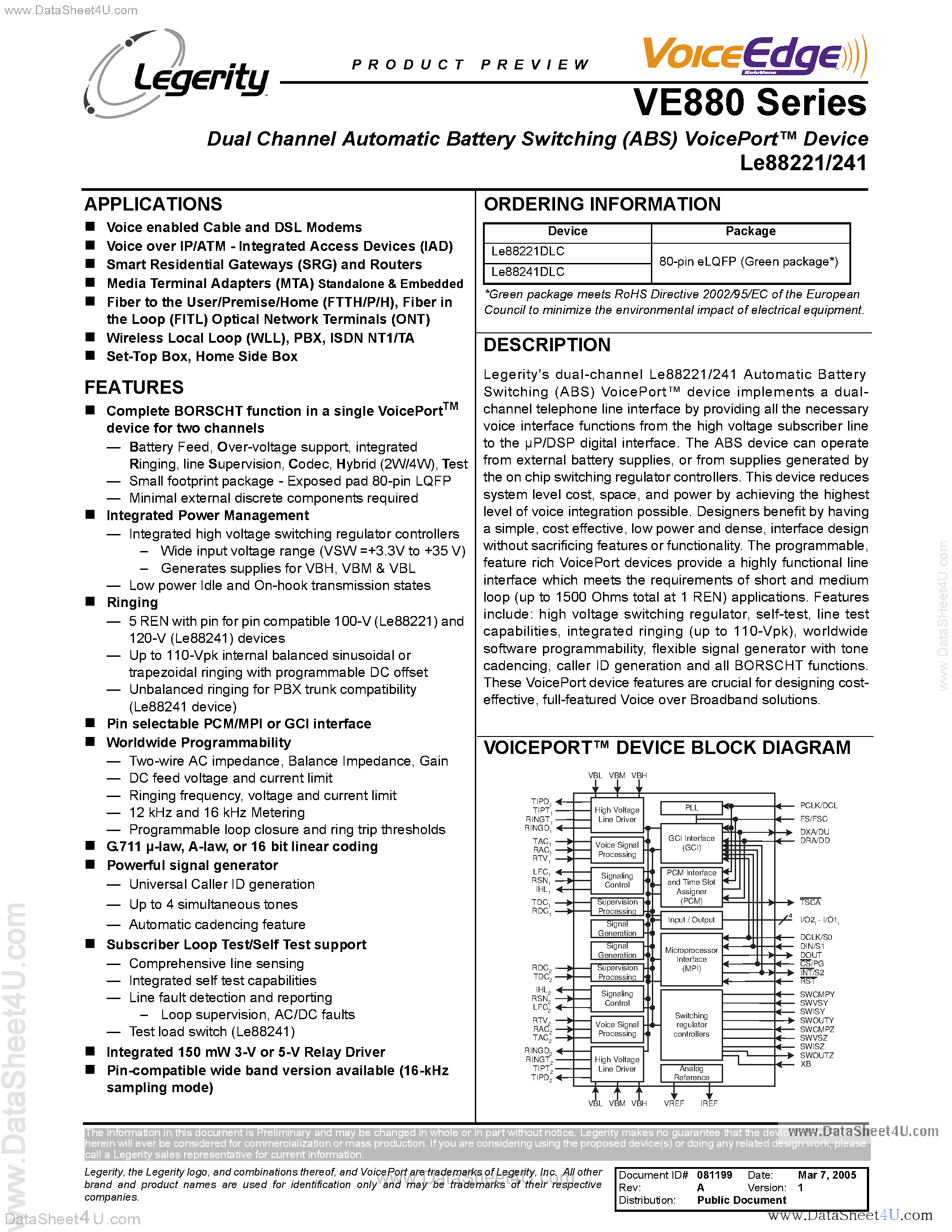 Datasheet LE88221 - (LE88221 / LE88241) Dual Cnallen Automatic Battery Switching Device page 1