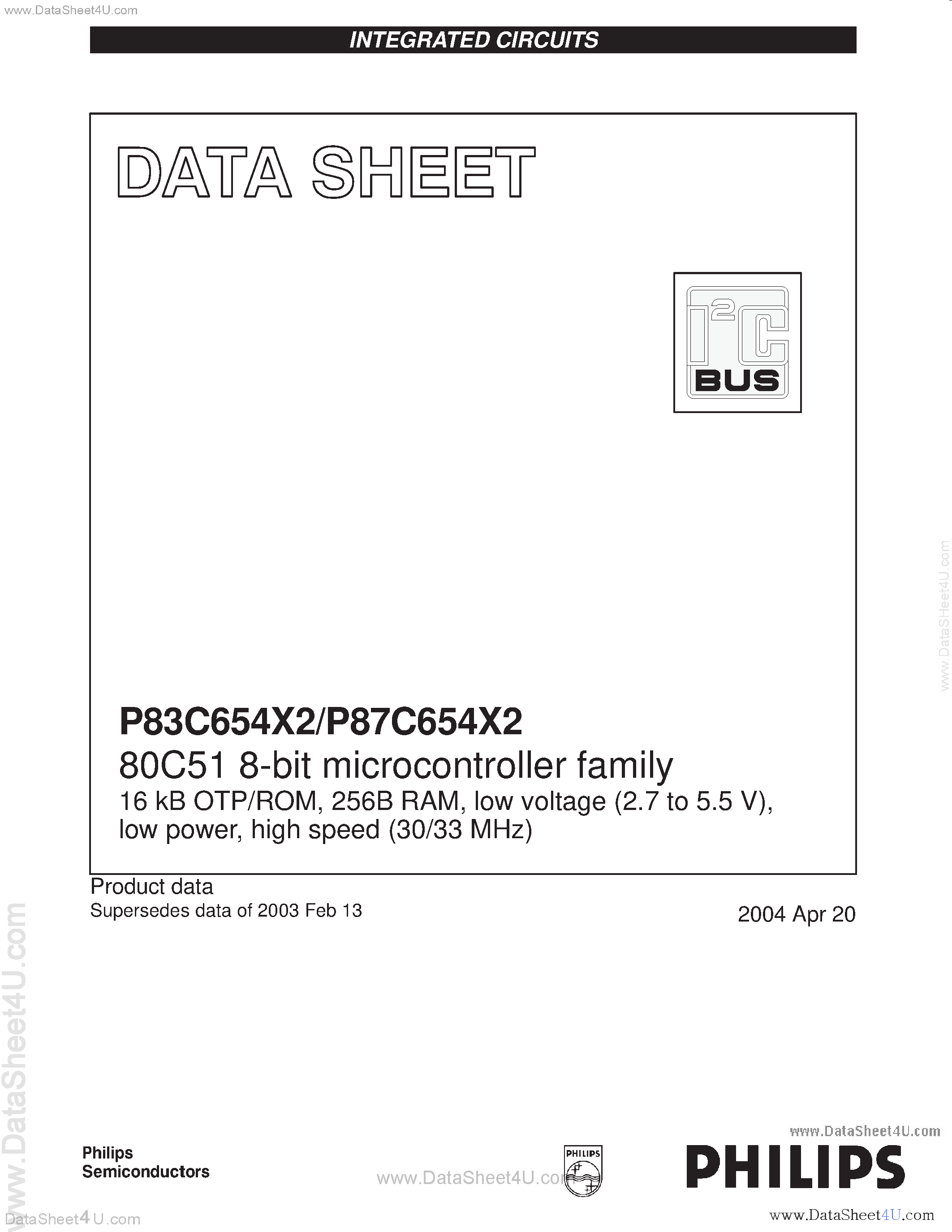 Datasheet P87C654X2 page 1 Datasheet P87C654X2 - 80C51 8-bit microcontroller family page 1