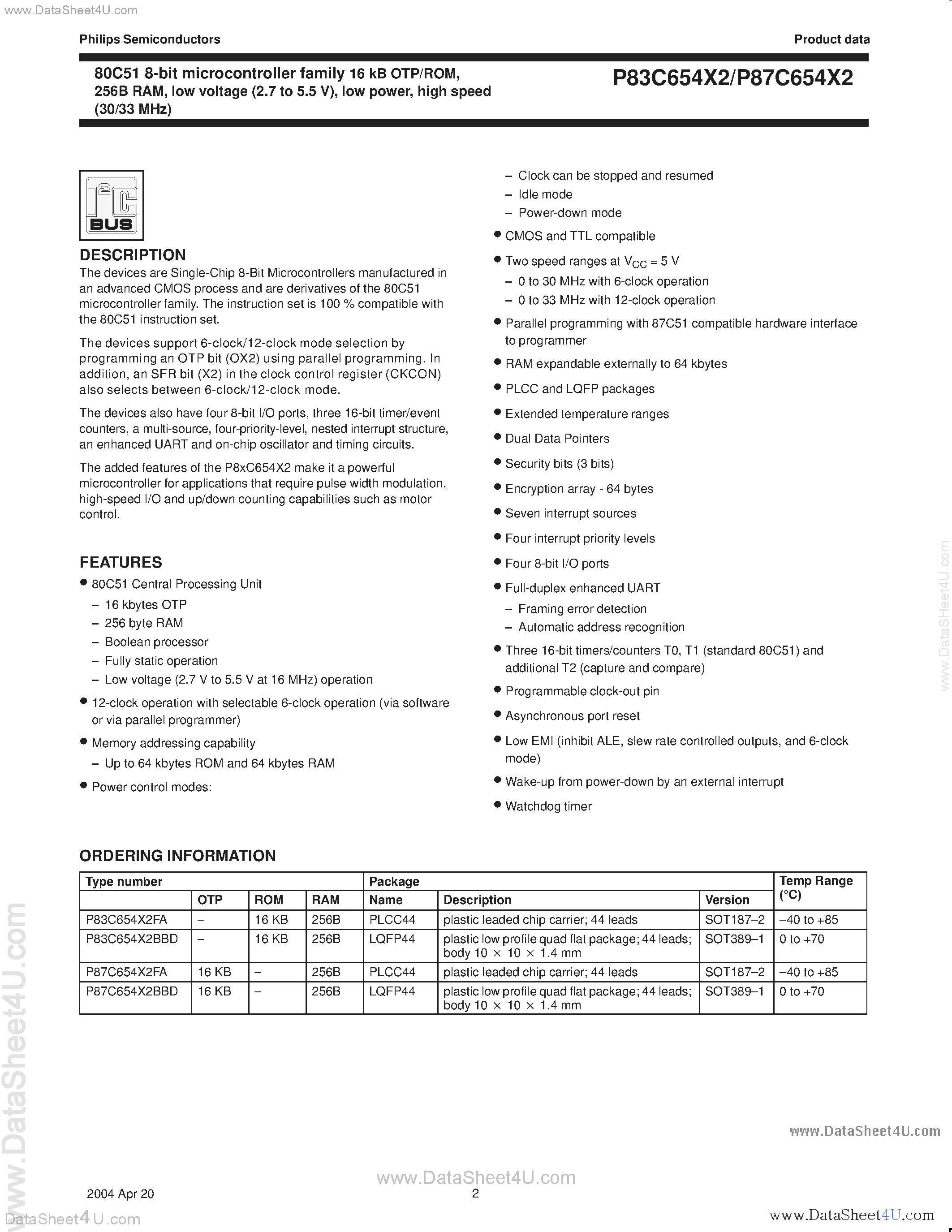 Datasheet P87C654X2 page 2 Datasheet P87C654X2 - 80C51 8-bit microcontroller family page 2