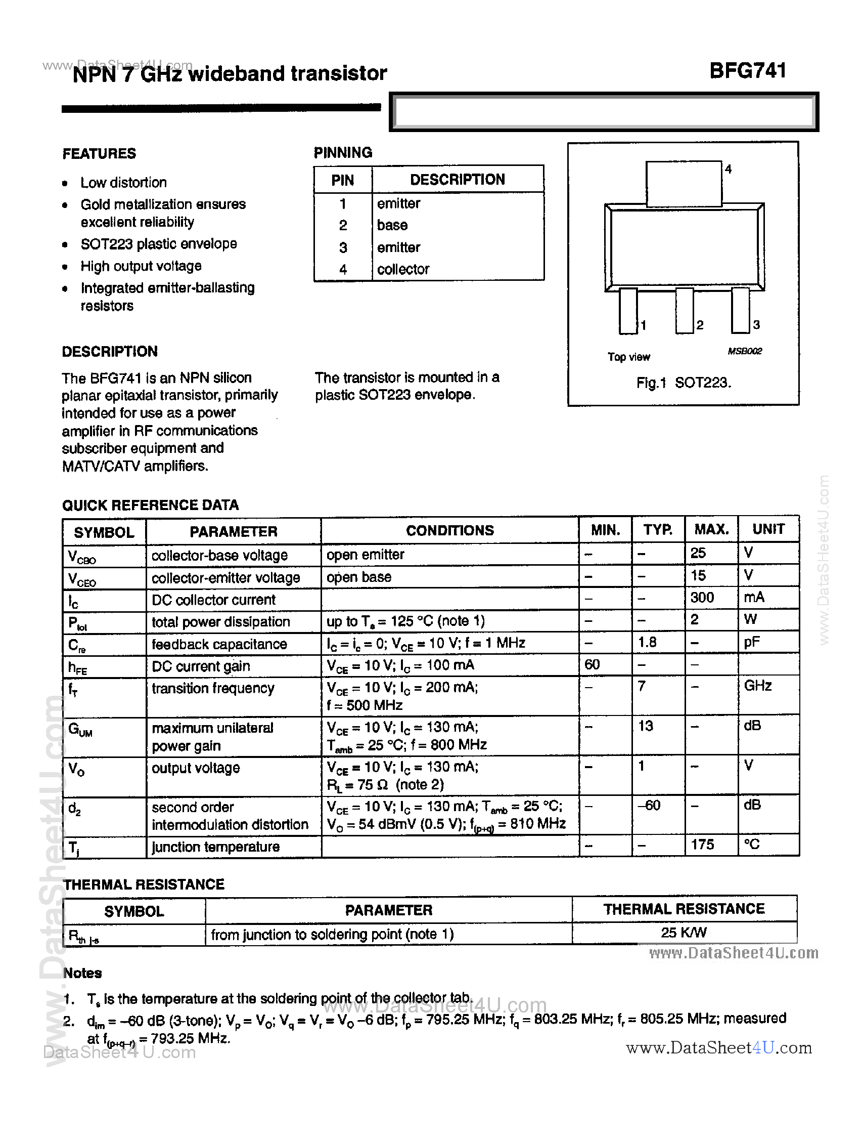 Datasheet BFG741 - NPN 7 Ghz Wideband Transistor page 1