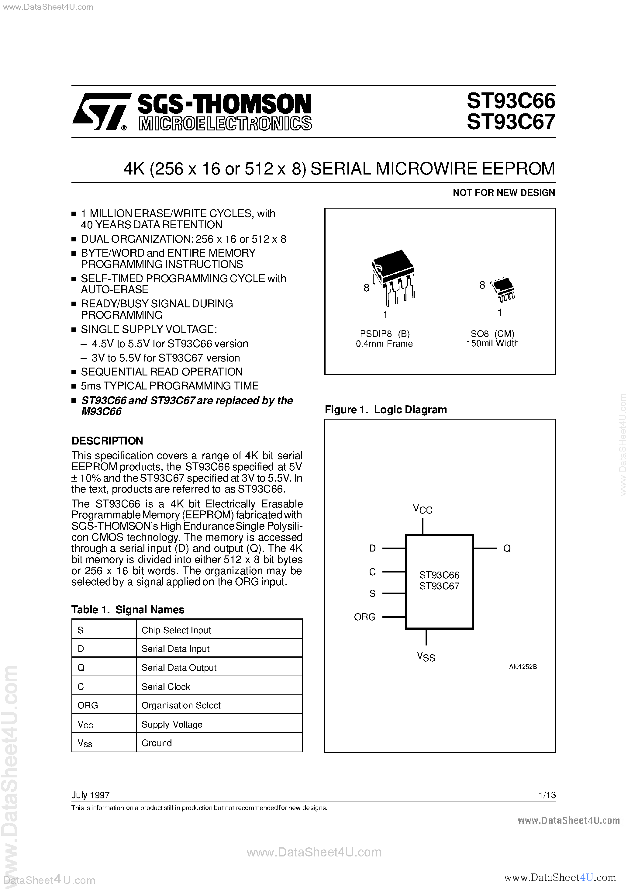 Даташит ST93C66 - (ST93C66 / ST93C67) 4K 256 x 16 or 512 x 8 SERIAL MICROWIRE EEPROM страница 1