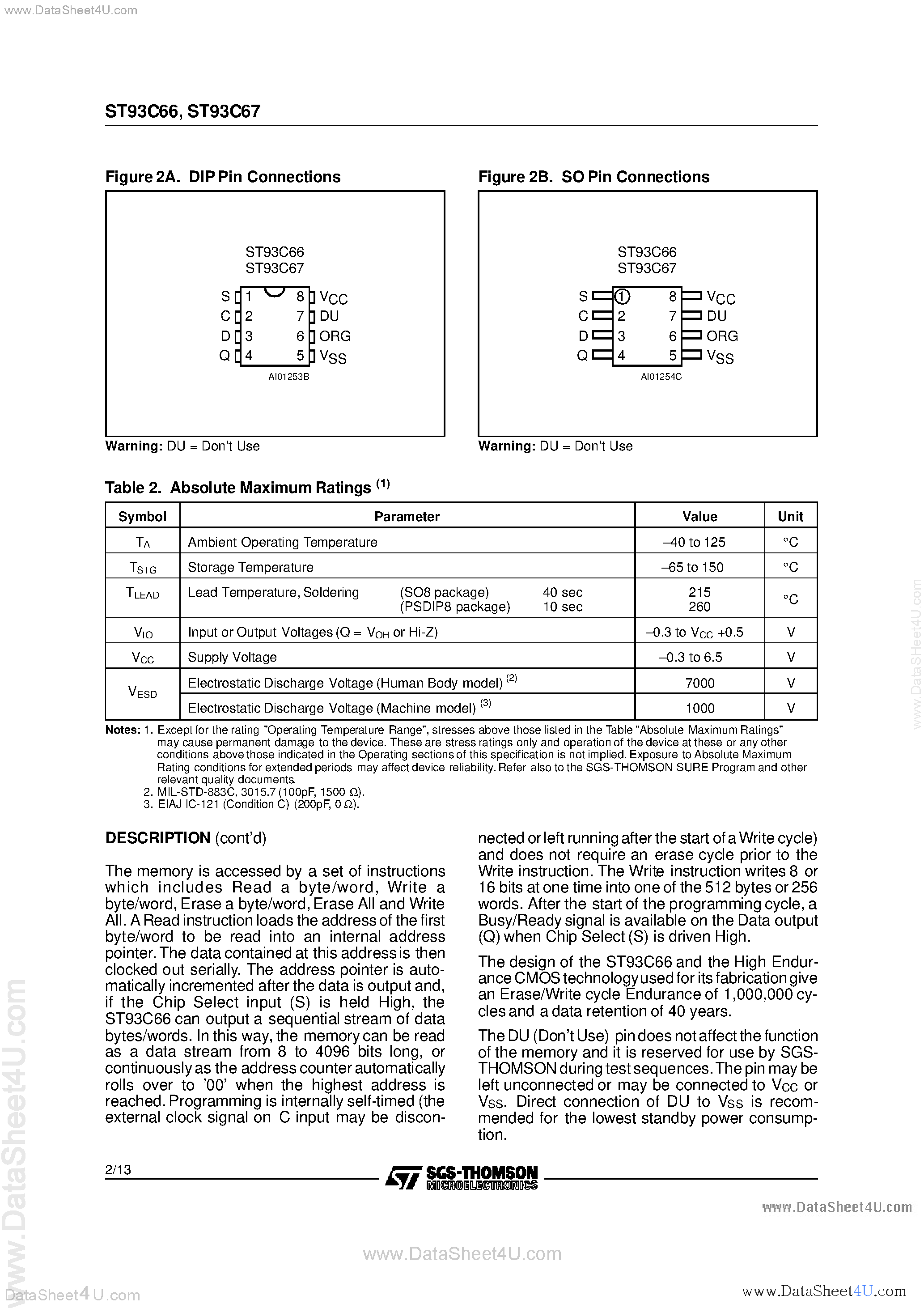 Datasheet ST93C66 - (ST93C66 / ST93C67) 4K 256 x 16 or 512 x 8 SERIAL MICROWIRE EEPROM page 2