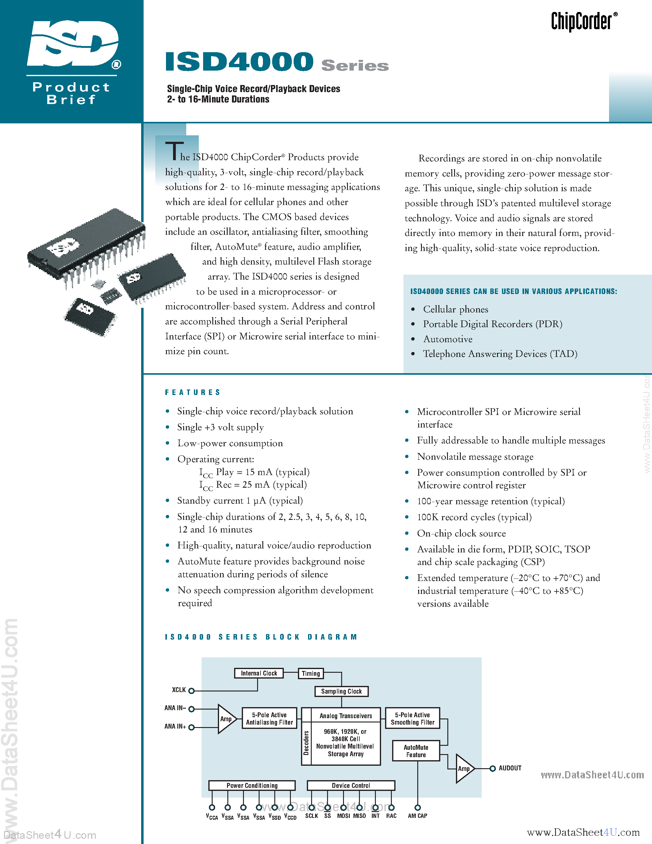 Datasheet ISD4000 page 2 Datasheet ISD4000 - Single-chip voice reconl/playback devices 2-to 16-minute durations page 2