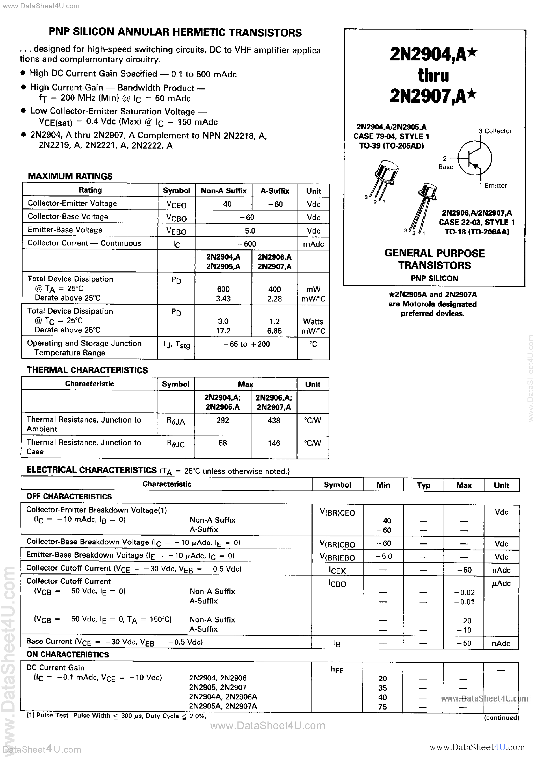 Даташит 2N2904 - (2N2904A - 2N2907A) PNP Silicon Annular Hermetic Transistors страница 1