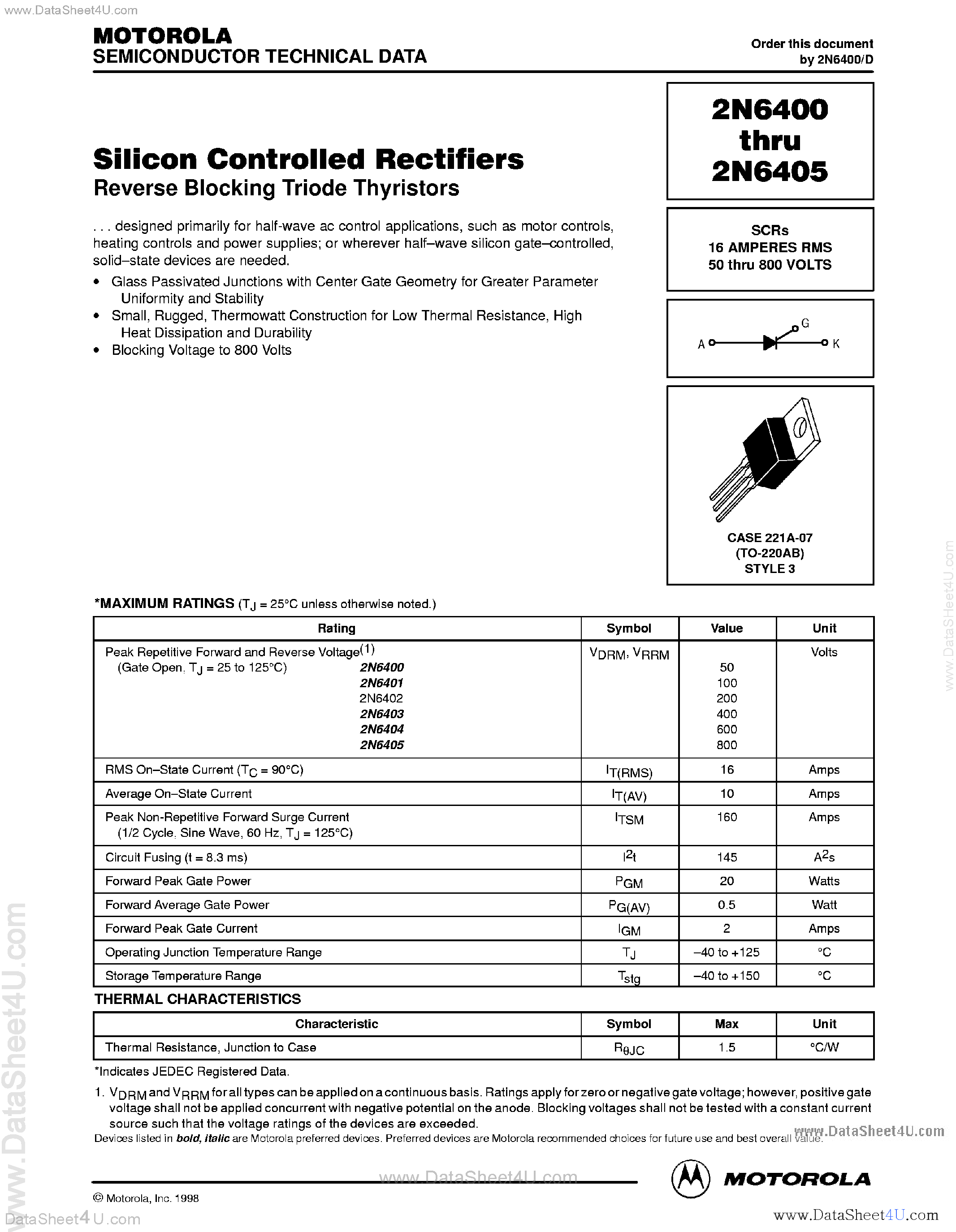 Datasheet 2N6400 page 1 Datasheet 2N6400 - (2N6400 - 2N6405) Silicon Controlled Rectifiers page 1