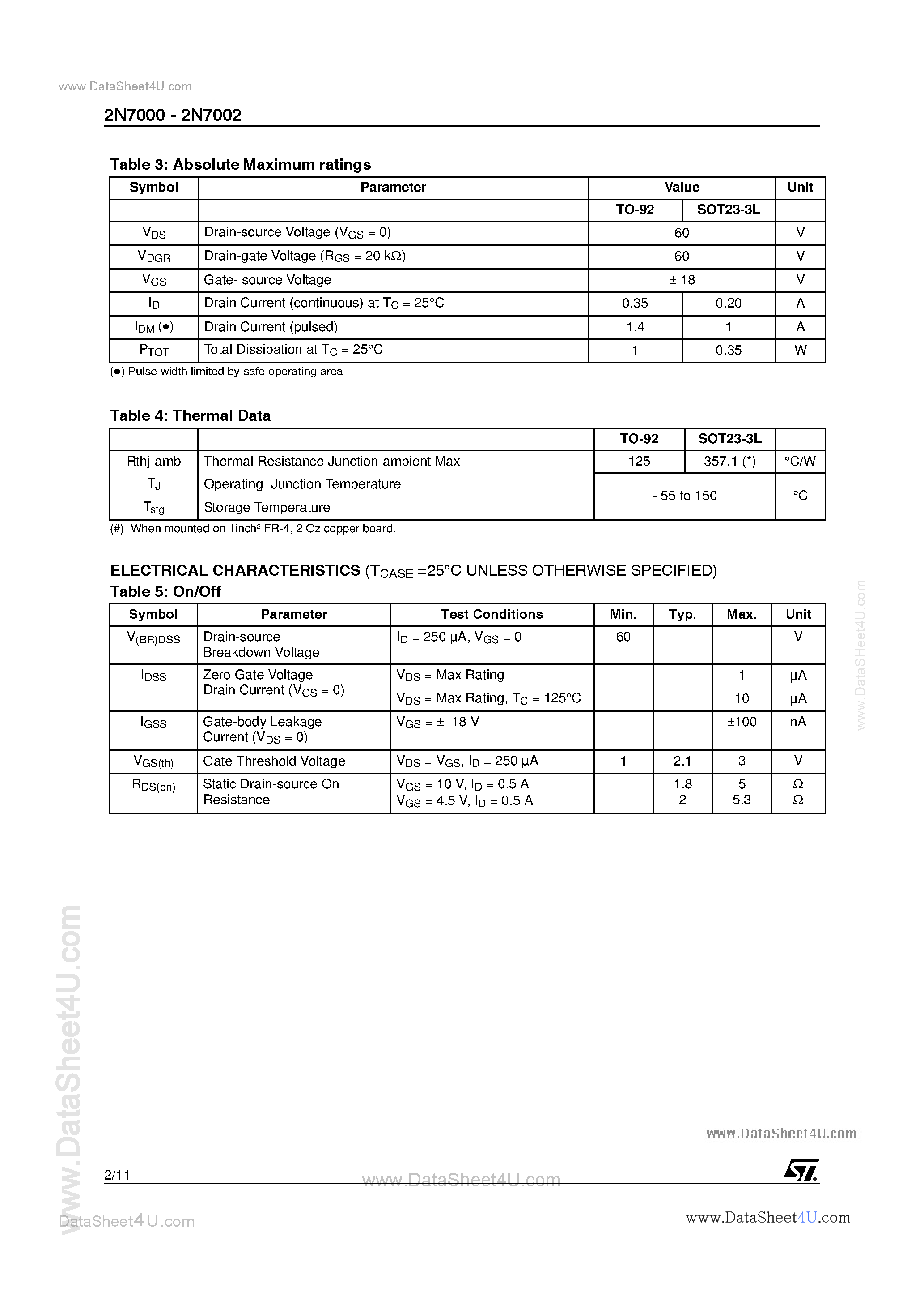 Даташит на микросхему 2N7000 страница 2 Даташит 2N7000 - (2N7000 / 2N7002) N-Channel MOSFET страница 2