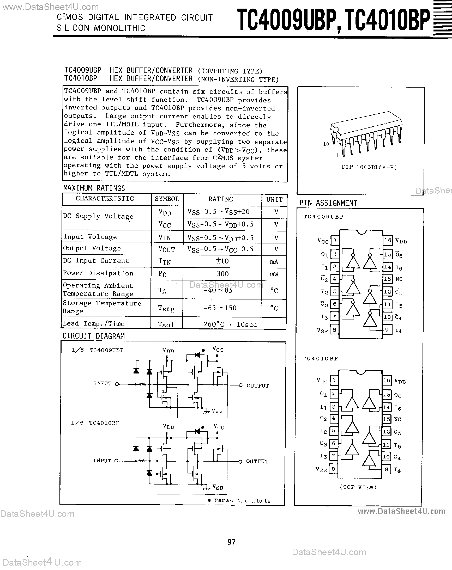 Datasheet TC4009UBP - (TC4009UBP / TC4010BP) Hex Buffer / Converter page 1