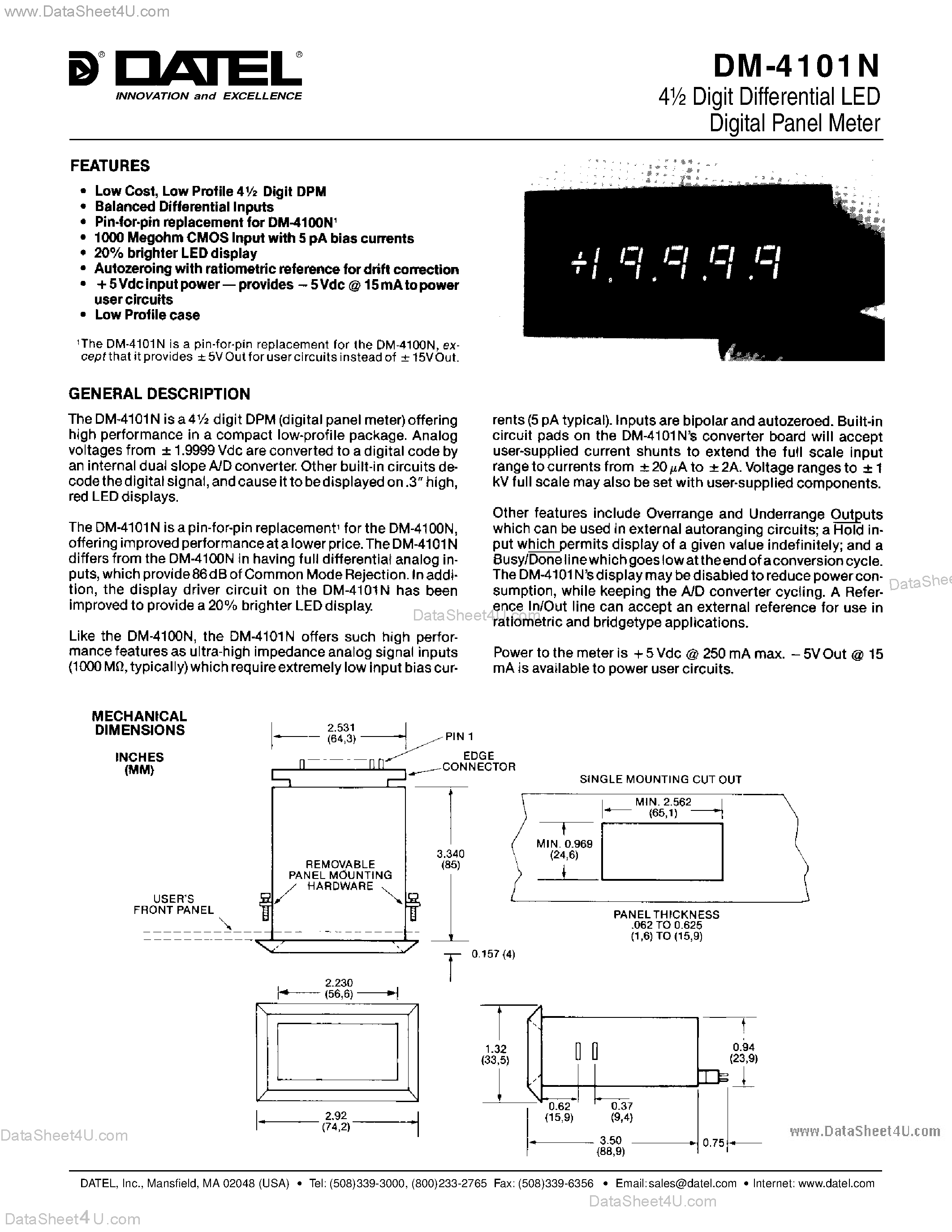 Datasheet DM-4101N - 4 1/2 Digit Differential LED Digital Panel Meter page 1