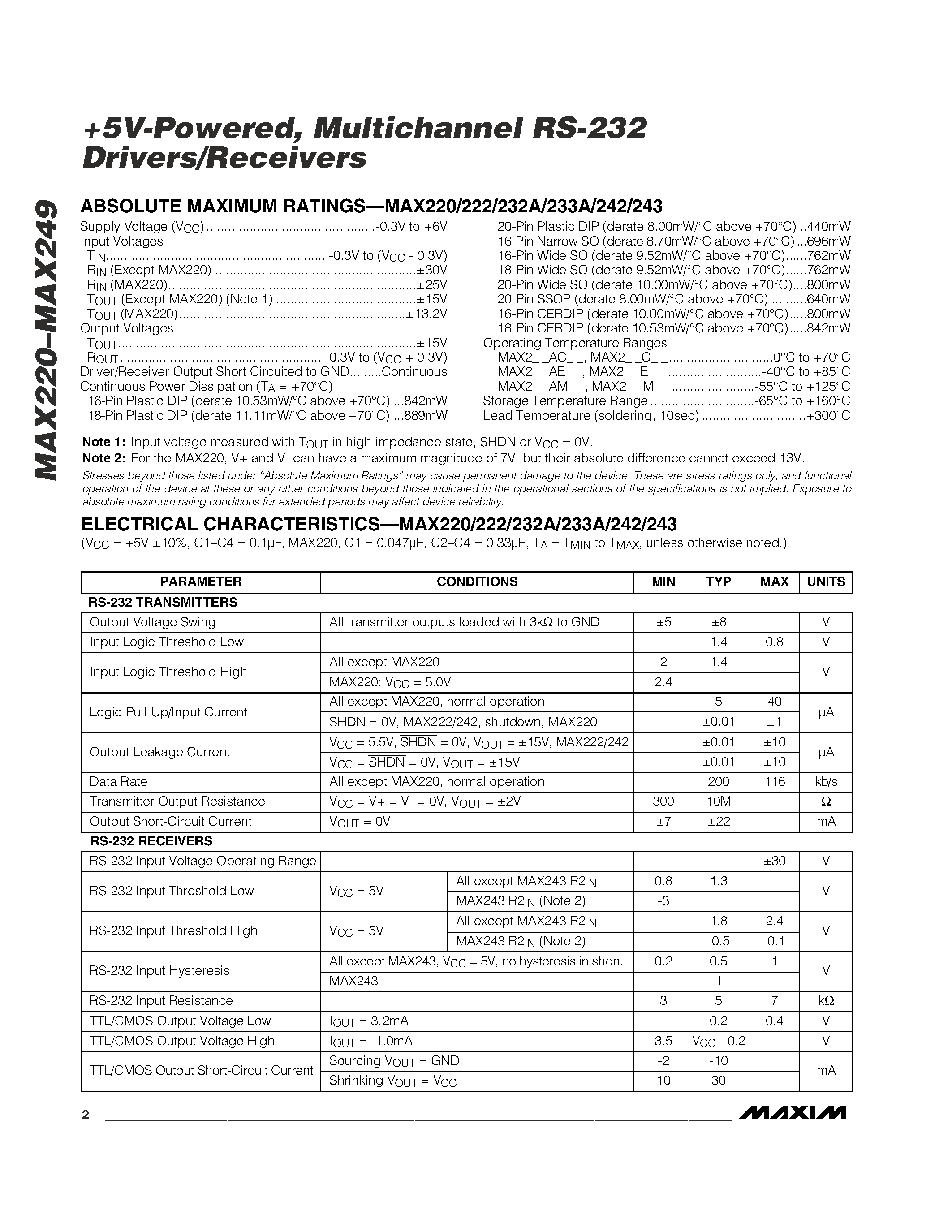 Datasheet MAX232CPE - +5V-Powered / Multichannel RS-232 Drivers/Receivers page 2