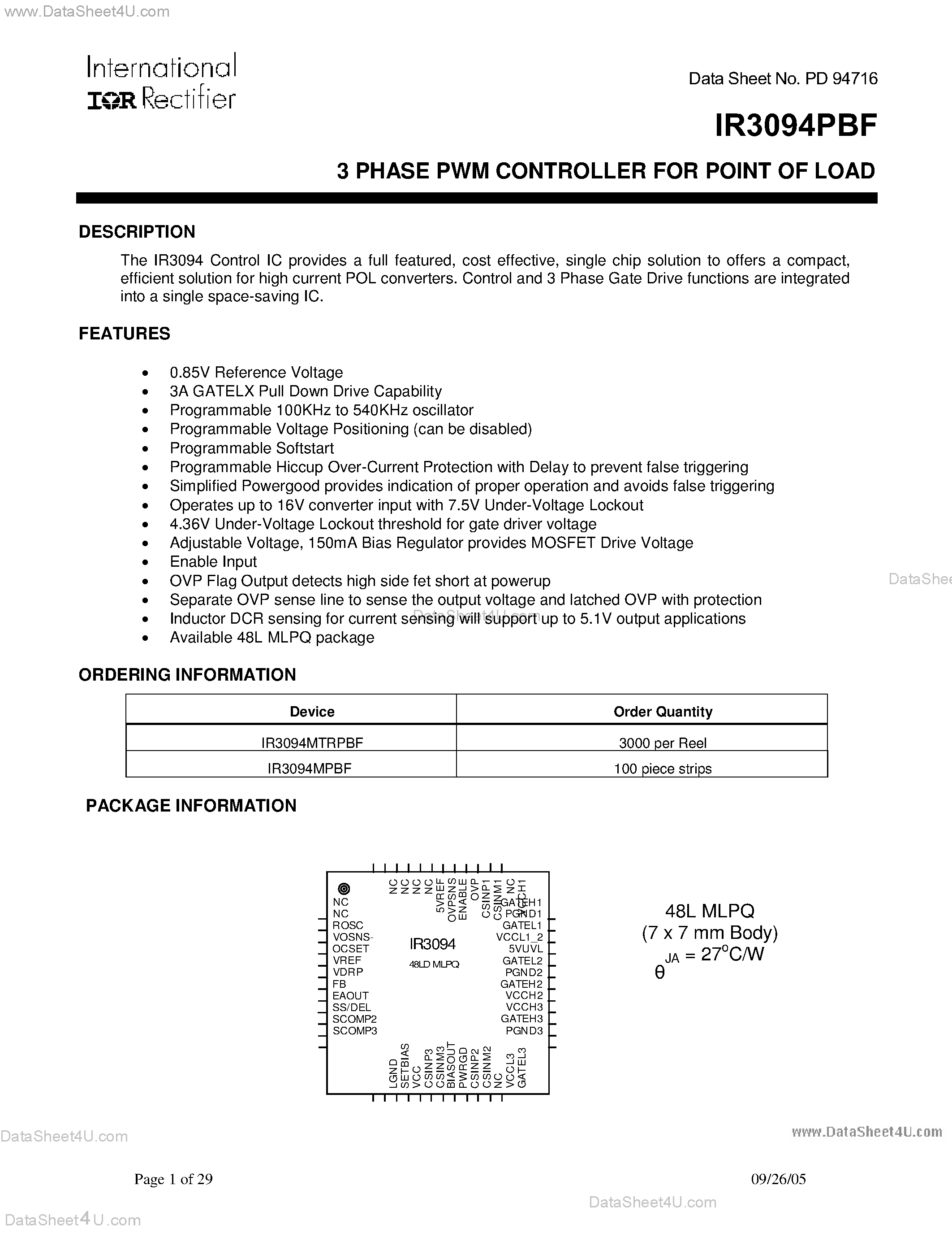Datasheet IR3094PBF - 3 PHASE PWM CONTROLLER FOR POINT OF LOAD page 1