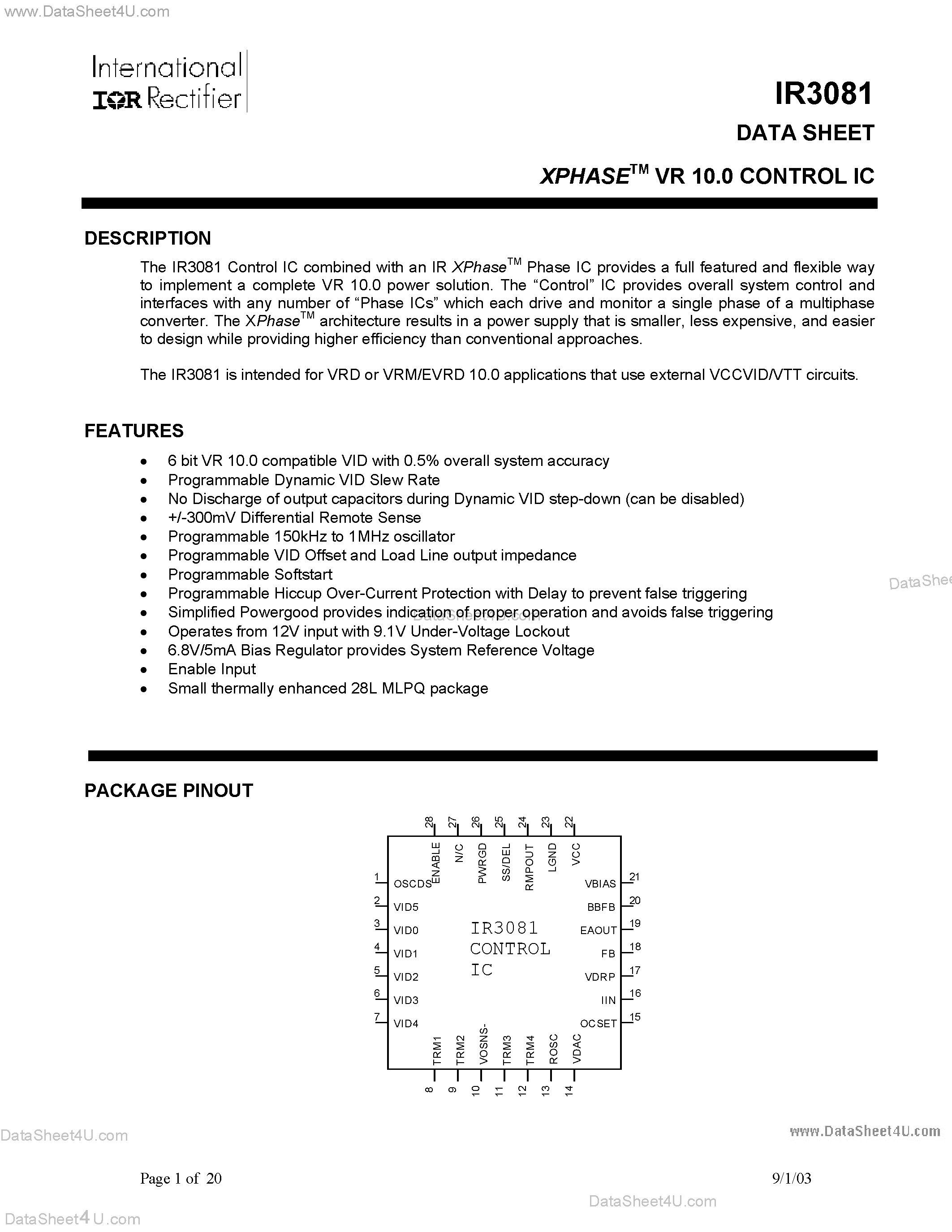 Datasheet IR3081 page 1 Datasheet IR3081 - XPHASE VR 10.0 CONTROL IC page 1