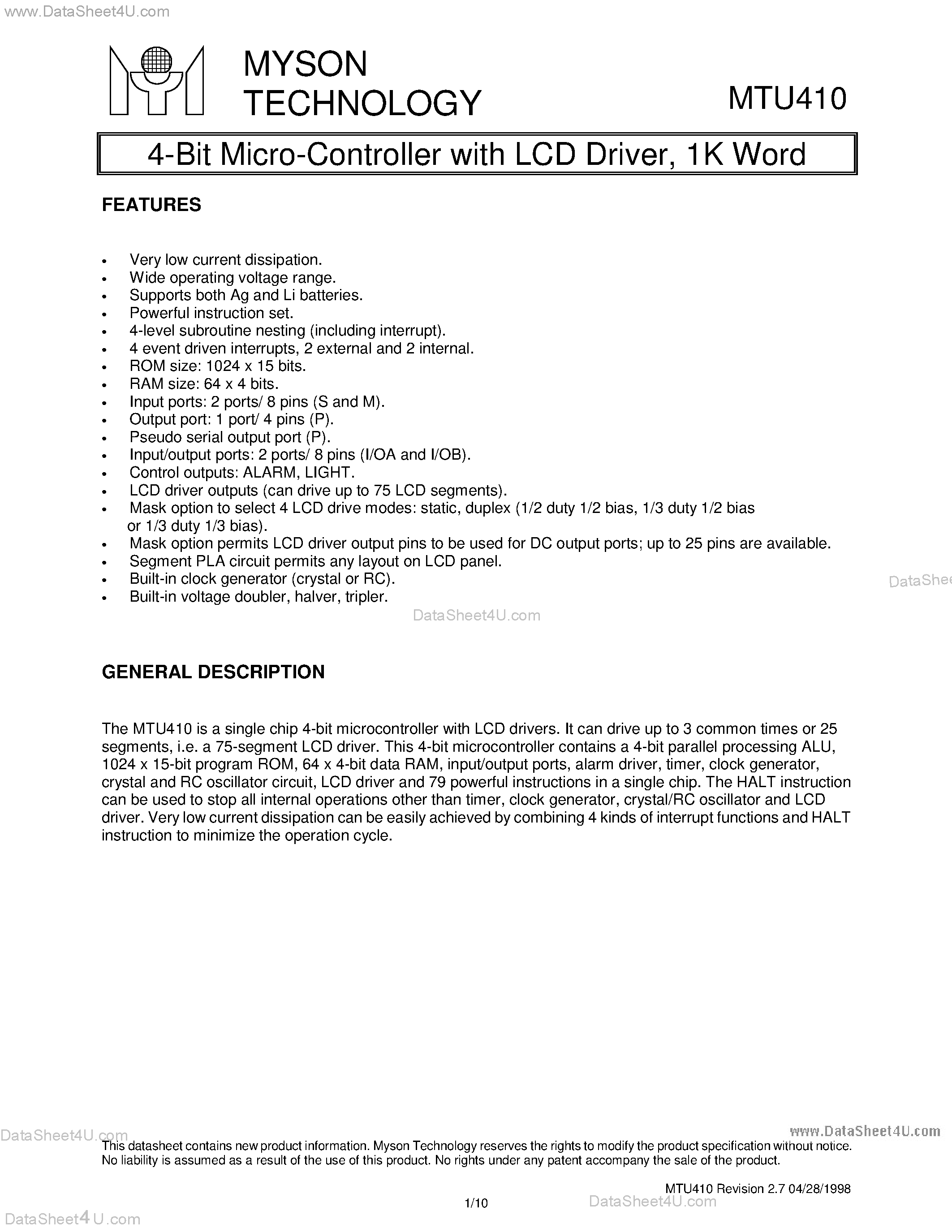 Datasheet MTU410 - 4-Bit Micro-Controller page 1