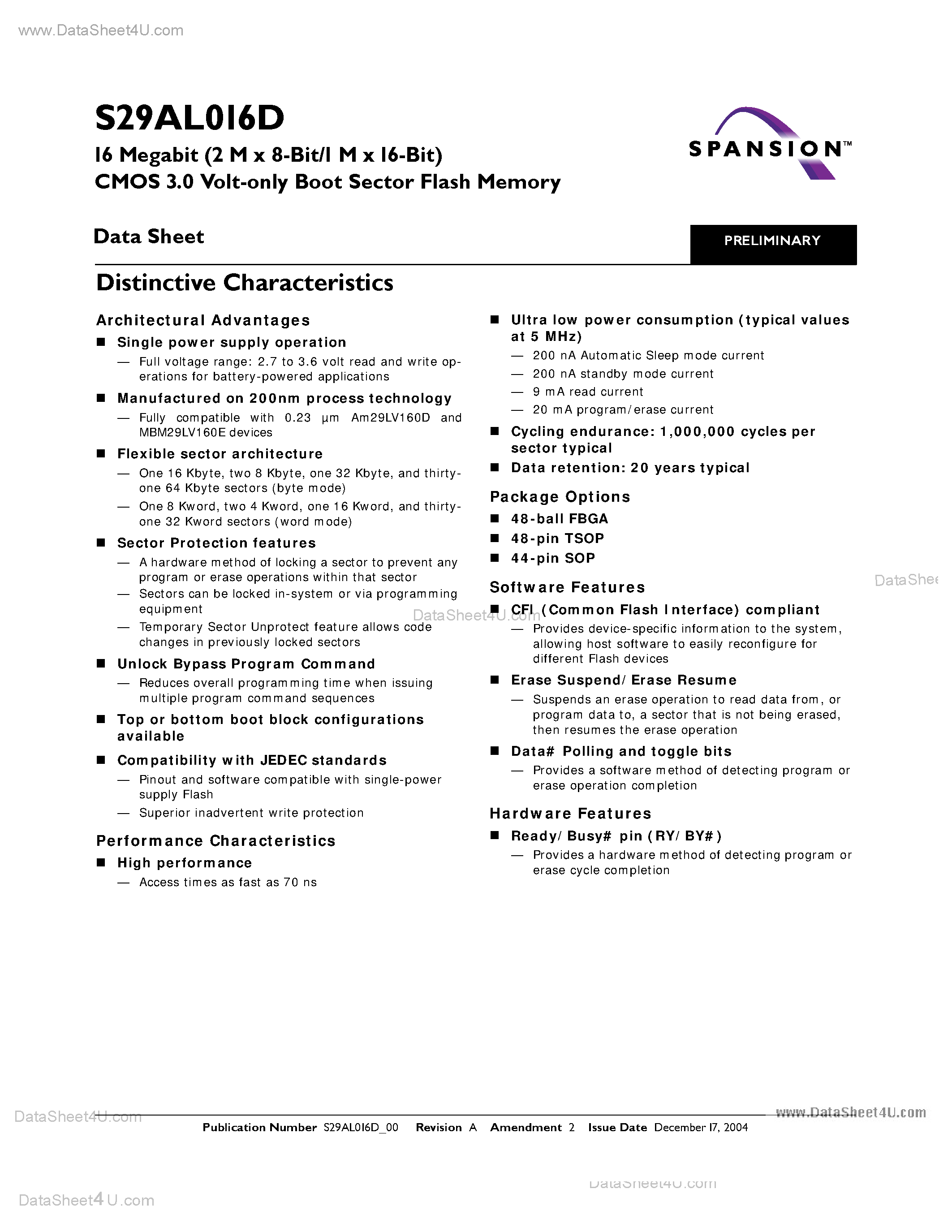 Datasheet S29AL016D - 16 MEGABIT CMOS 3.0 VOLT ONLY BOOT SECTOR FLASH MEMORY page 1