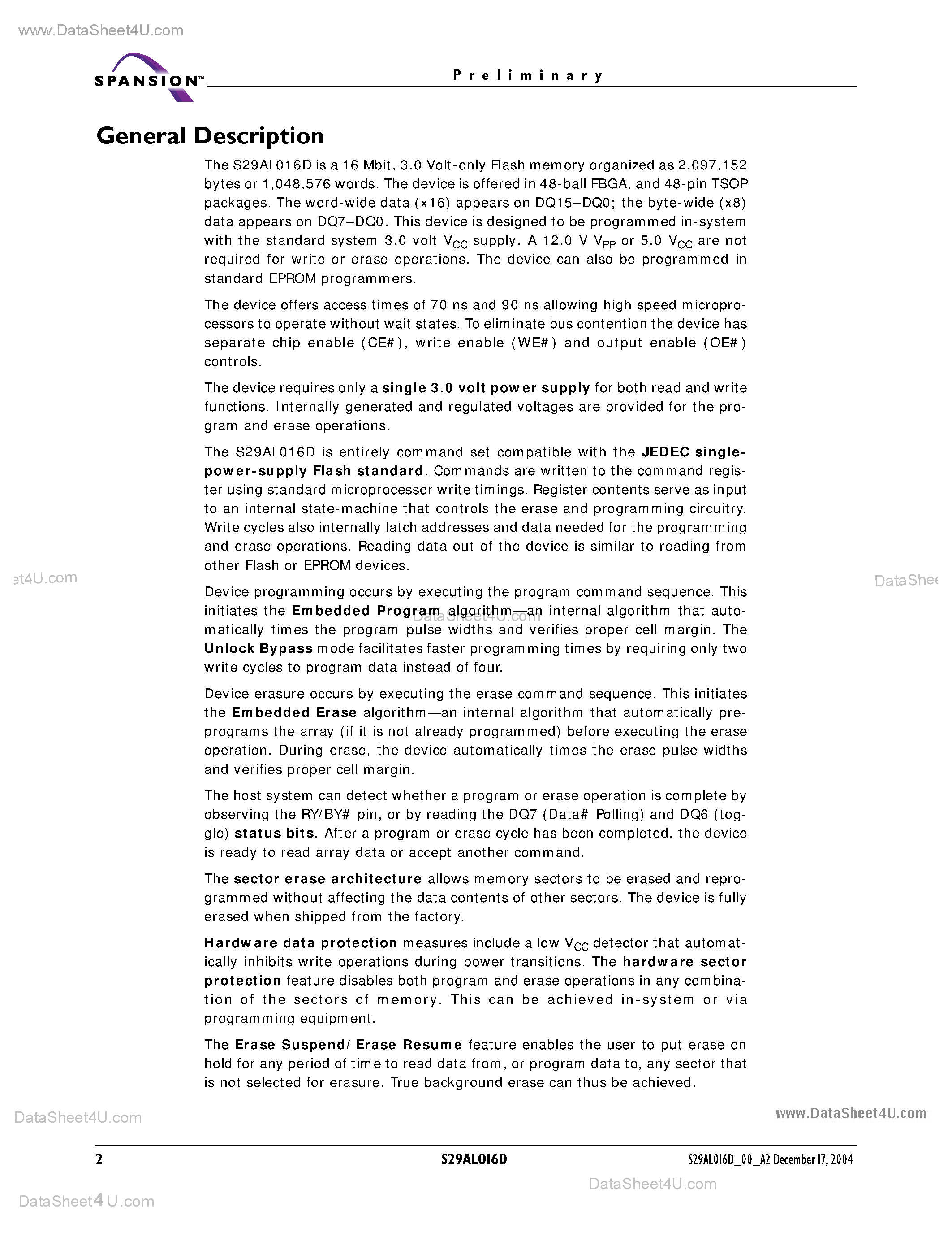 Datasheet S29AL016D - 16 MEGABIT CMOS 3.0 VOLT ONLY BOOT SECTOR FLASH MEMORY page 2