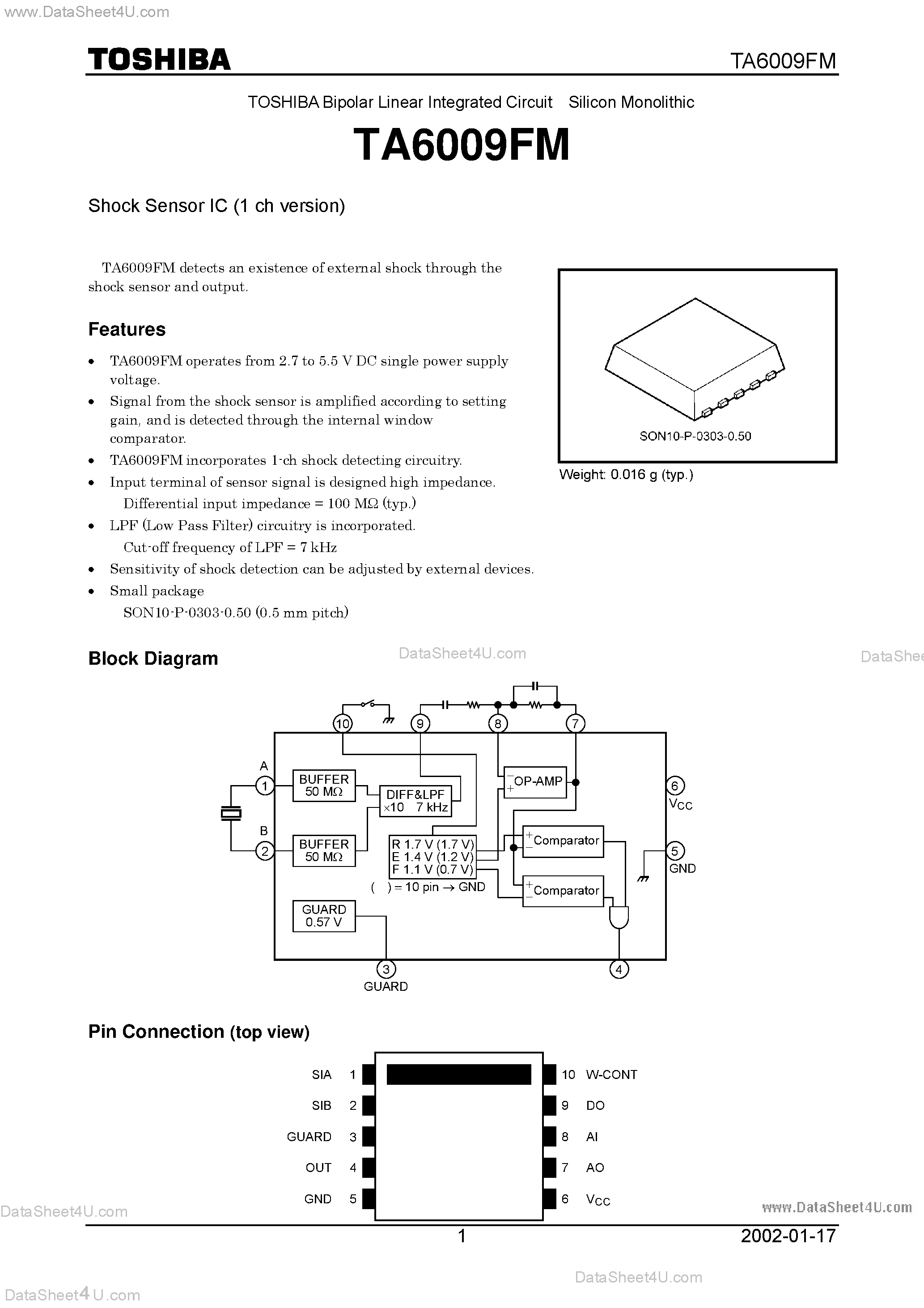 Datasheet TA6009FM - Bipolar Linear Integrated Circuit Silicon Monolithic Shock Sensor IC (1 ch version) page 1