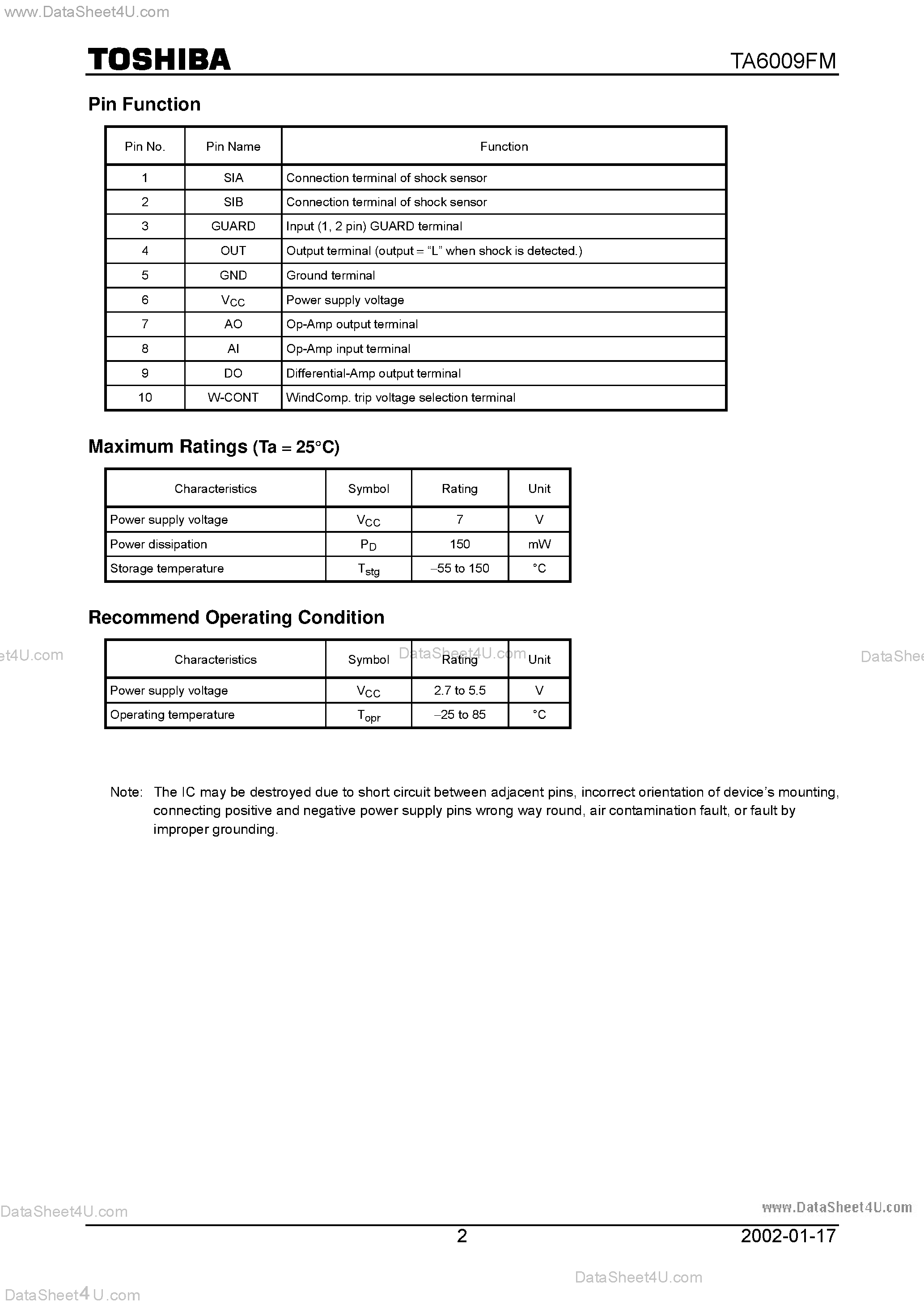 Datasheet TA6009FM - Bipolar Linear Integrated Circuit Silicon Monolithic Shock Sensor IC (1 ch version) page 2