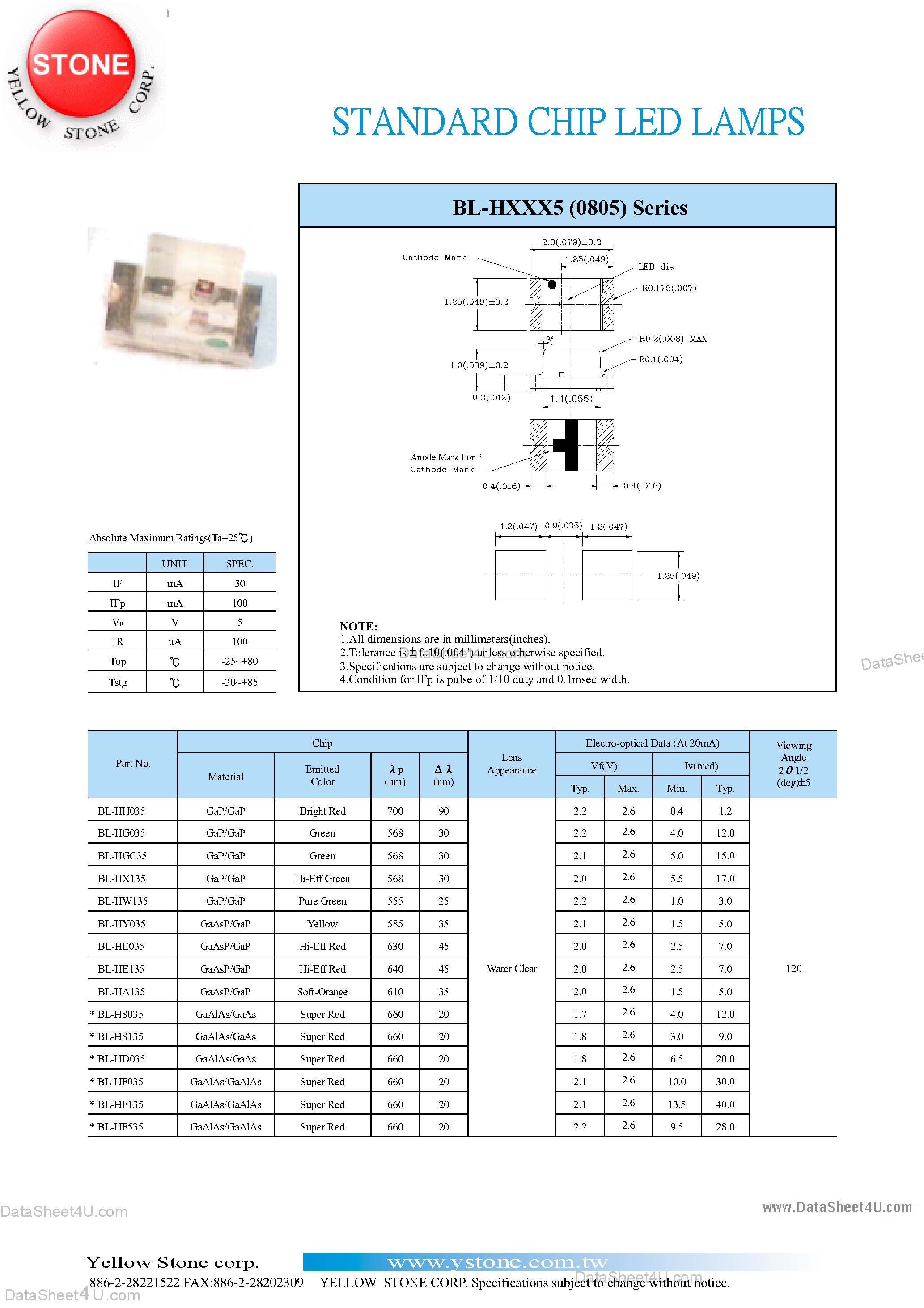 Даташит на микросхему BL-HA135 страница 1 Даташит BL-HA135 - (BL-Hxxx5) STANDARD CHIP LED LAMPS страница 1
