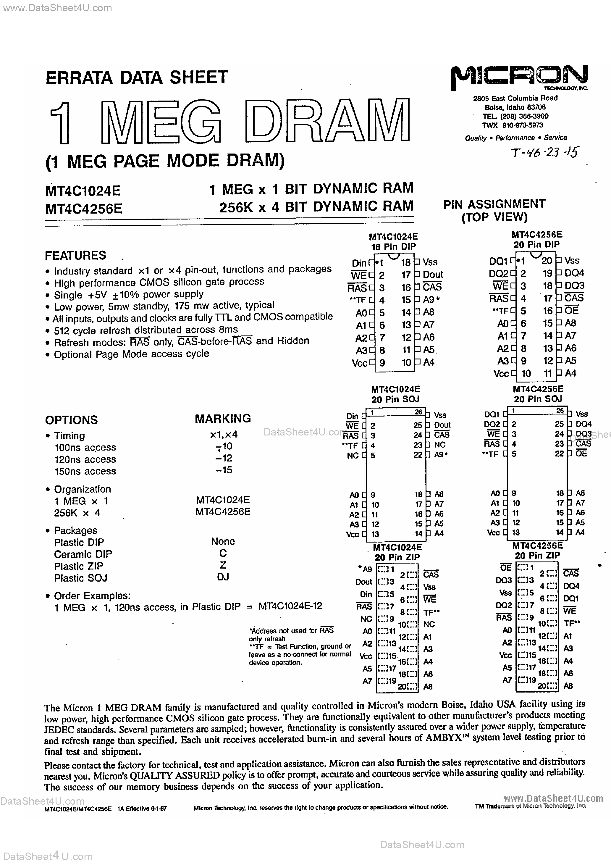 Datasheet MT4C1024E - (MT4C1024E / MT4C4256E) 1 MEG PAGE MODE DRAM page 1