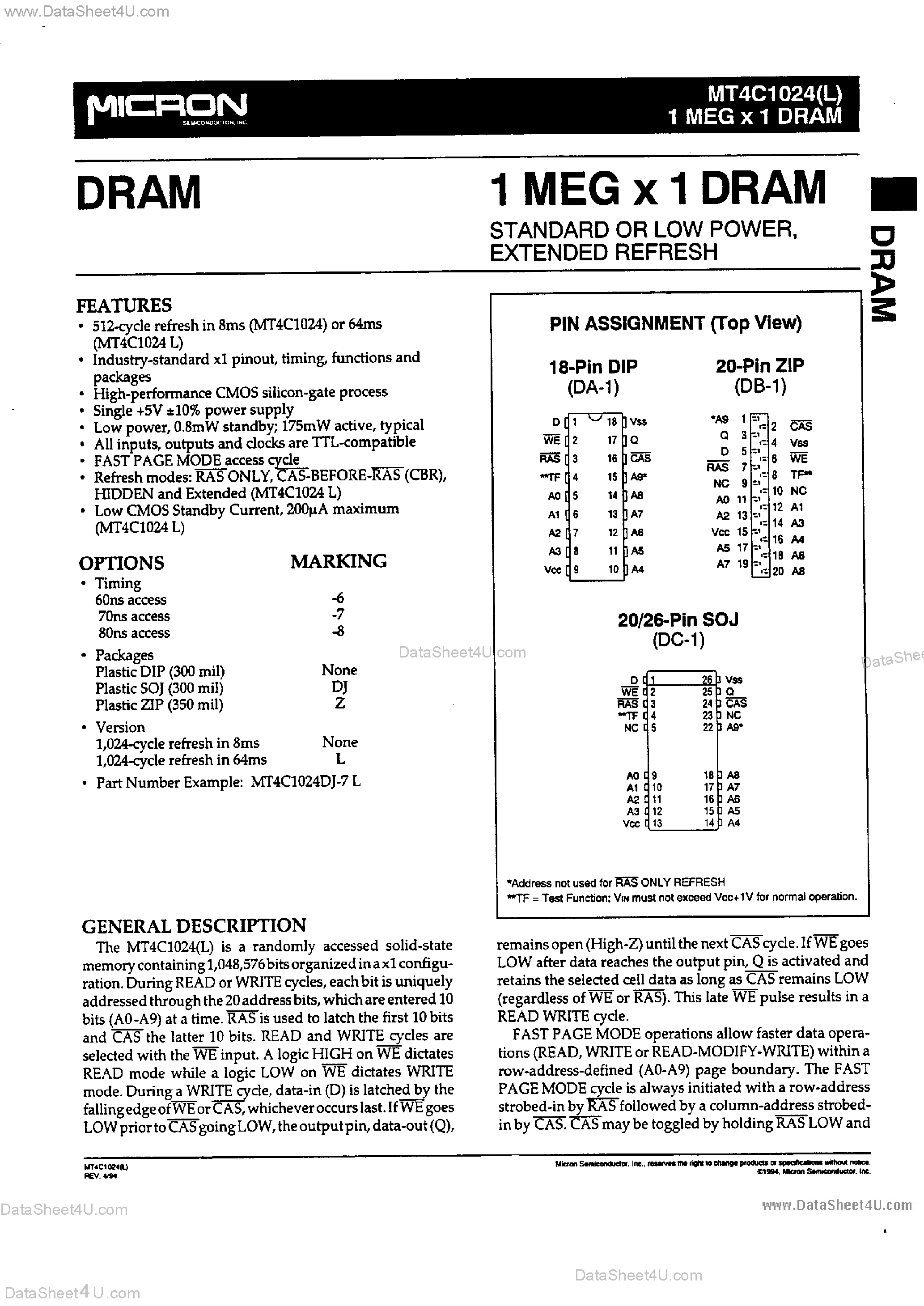 Datasheet MT4C1024 - 1M x 1 DRAM page 1