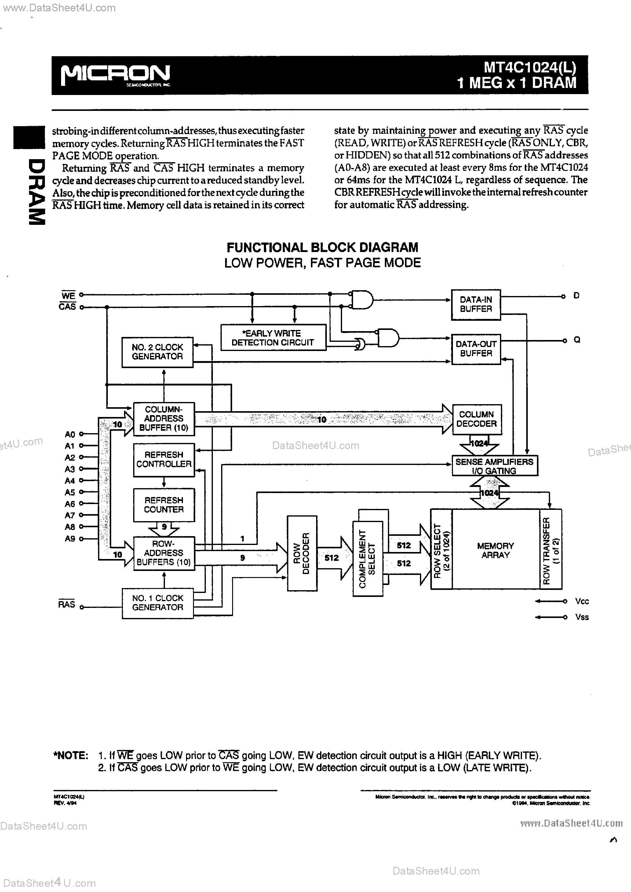 Datasheet MT4C1024 - 1M x 1 DRAM page 2