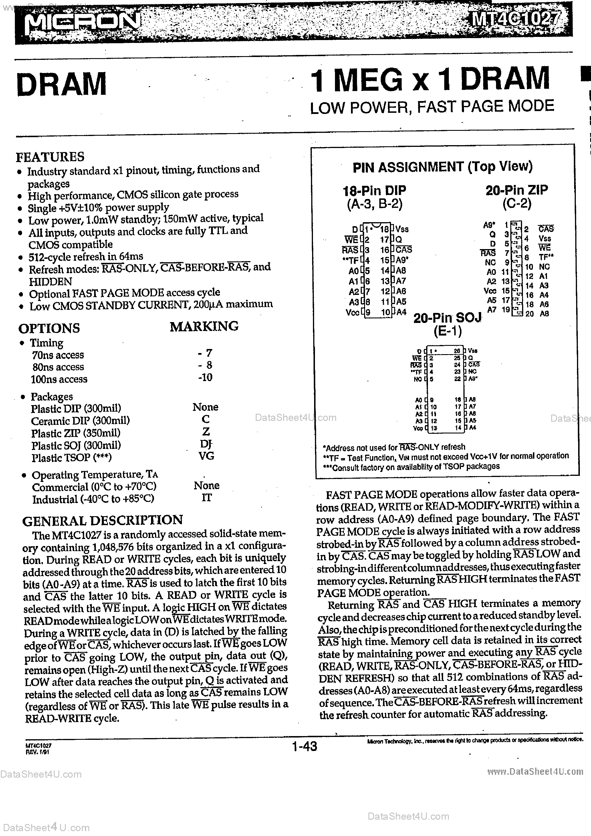 Datasheet MT4C1027 page 1 Datasheet MT4C1027 - 1M x 1 DRAM page 1