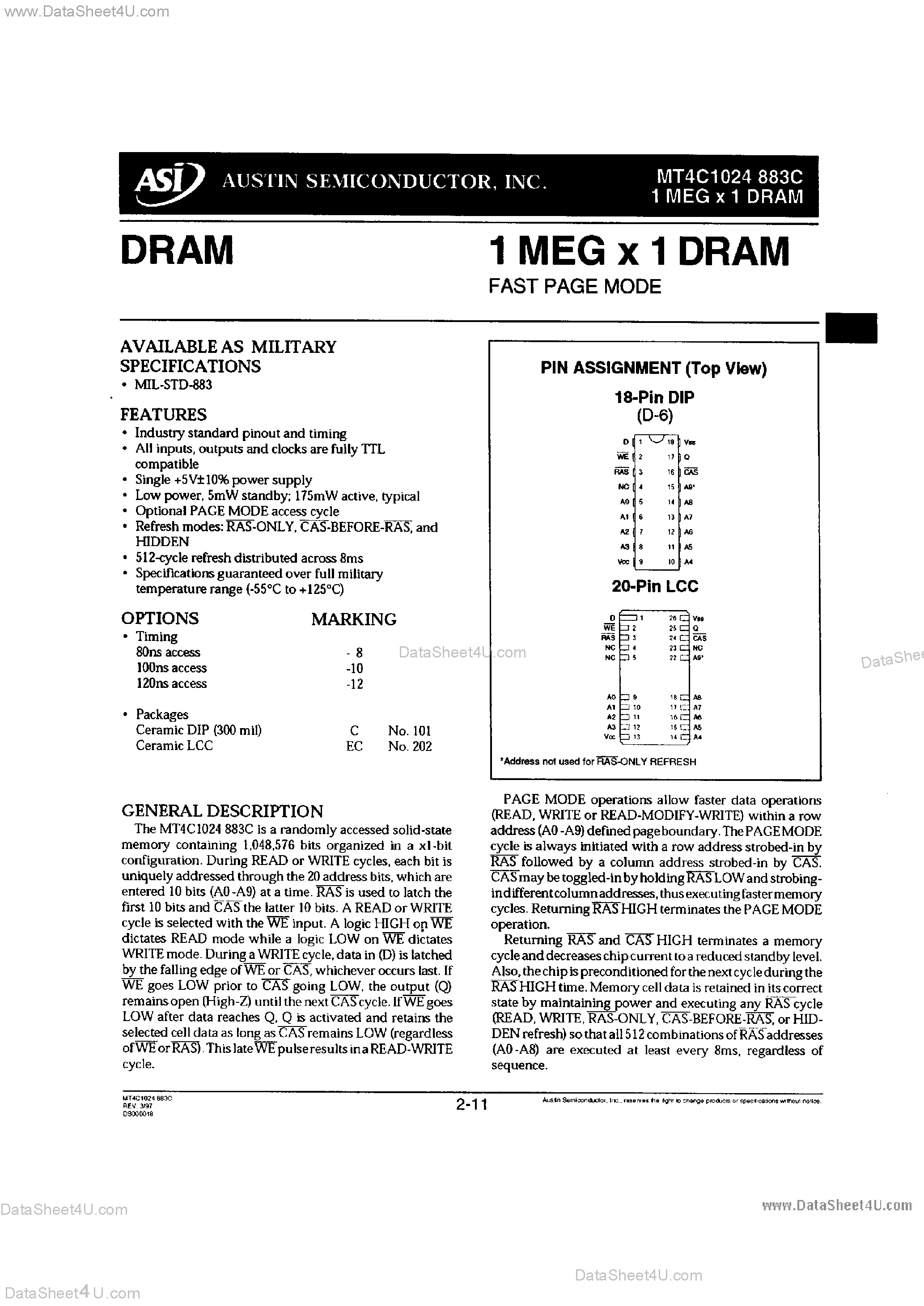 Datasheet MT4C1024-883C - 1M x 1 DRAM page 1