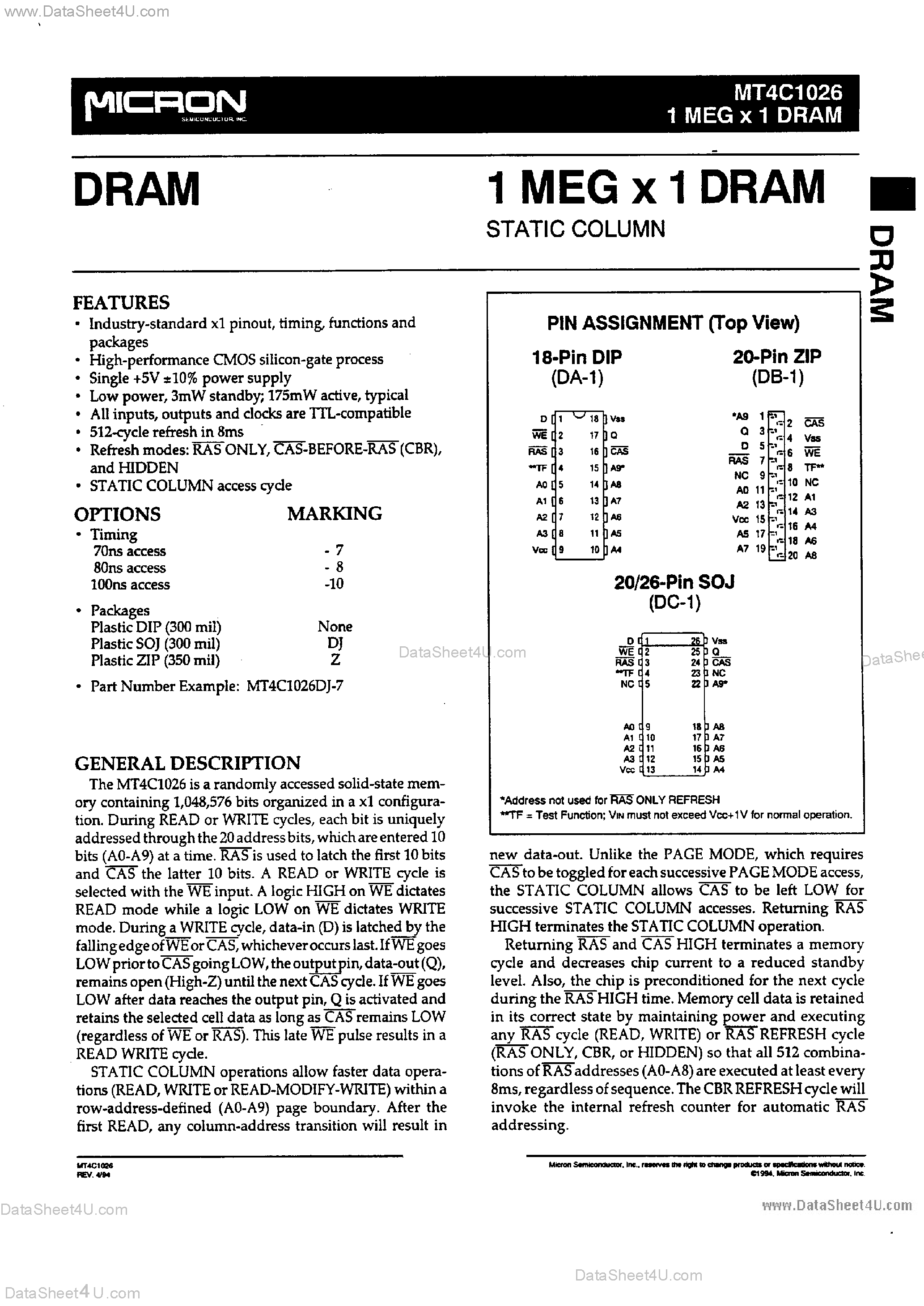 Datasheet MT4C1026 - 1M x 1 DRAM page 1