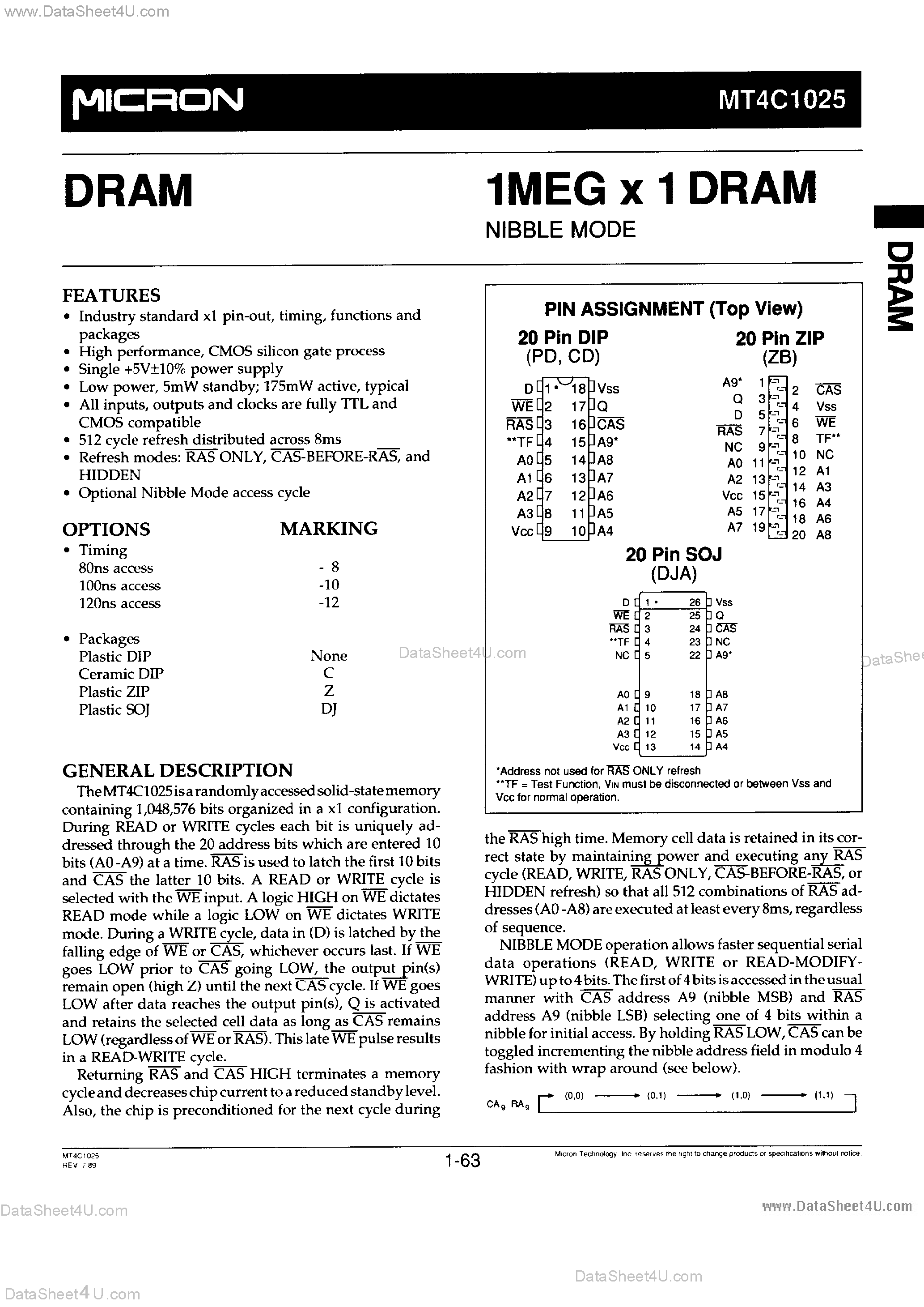 Datasheet MT4C1025 - 1M x 1 DRAM page 1