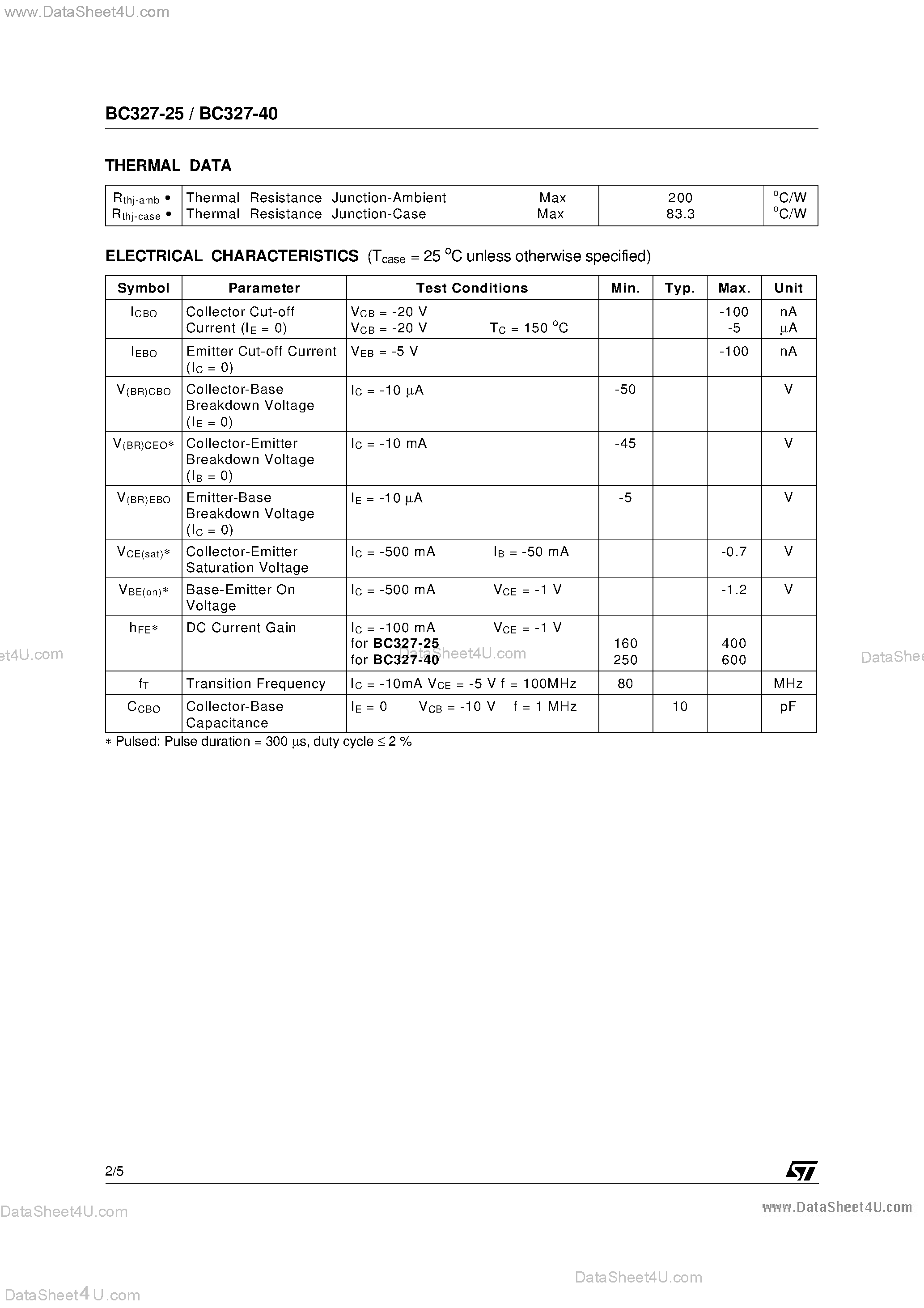 Datasheet BC327-25 page 2 Datasheet BC327-25 - (BC327-25-40) Small Signal PNP Transistors page 2