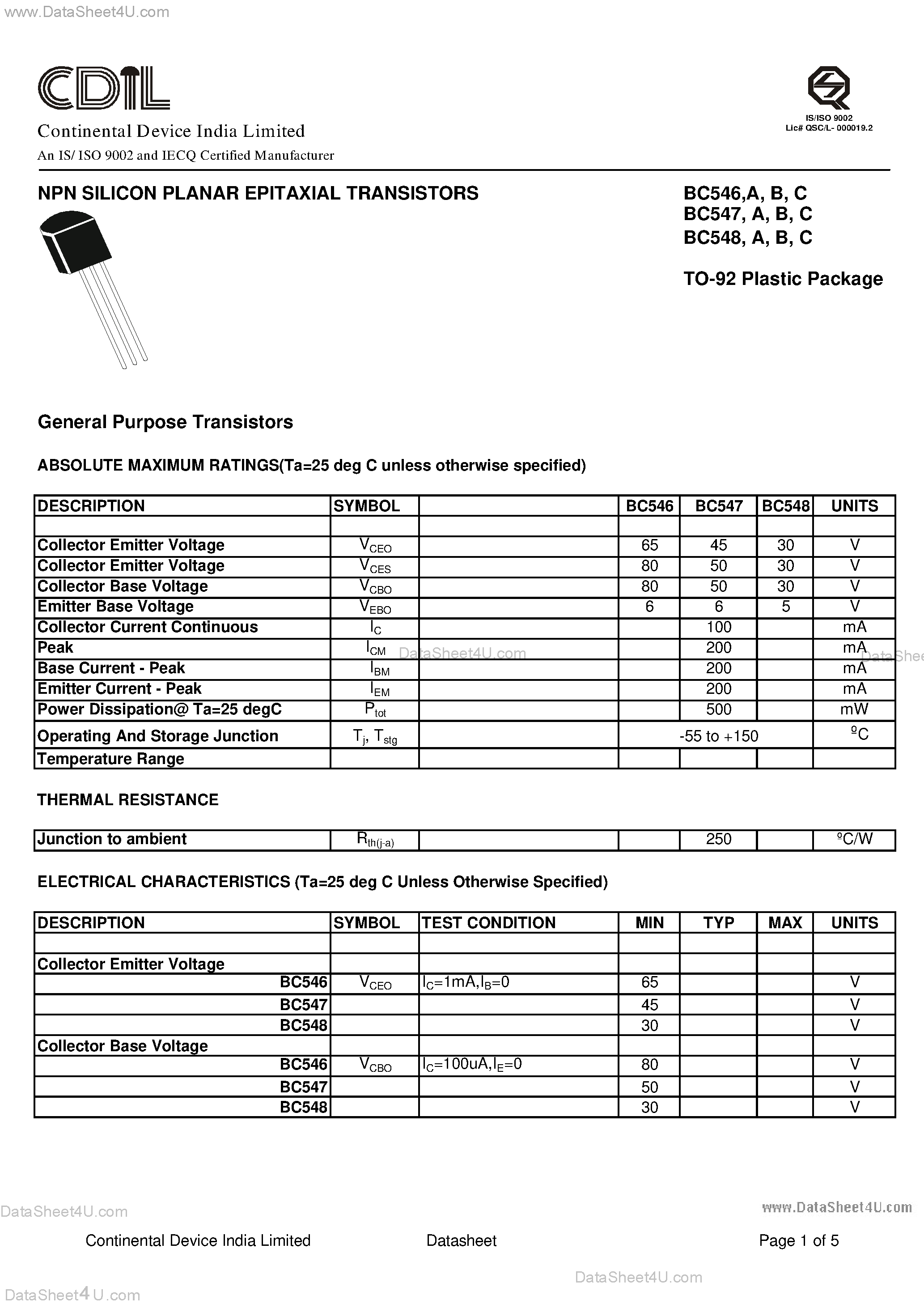 Даташит BC546A - (BC546 - BC548) NPN Silicon Planar Epitaxial Transistors страница 1