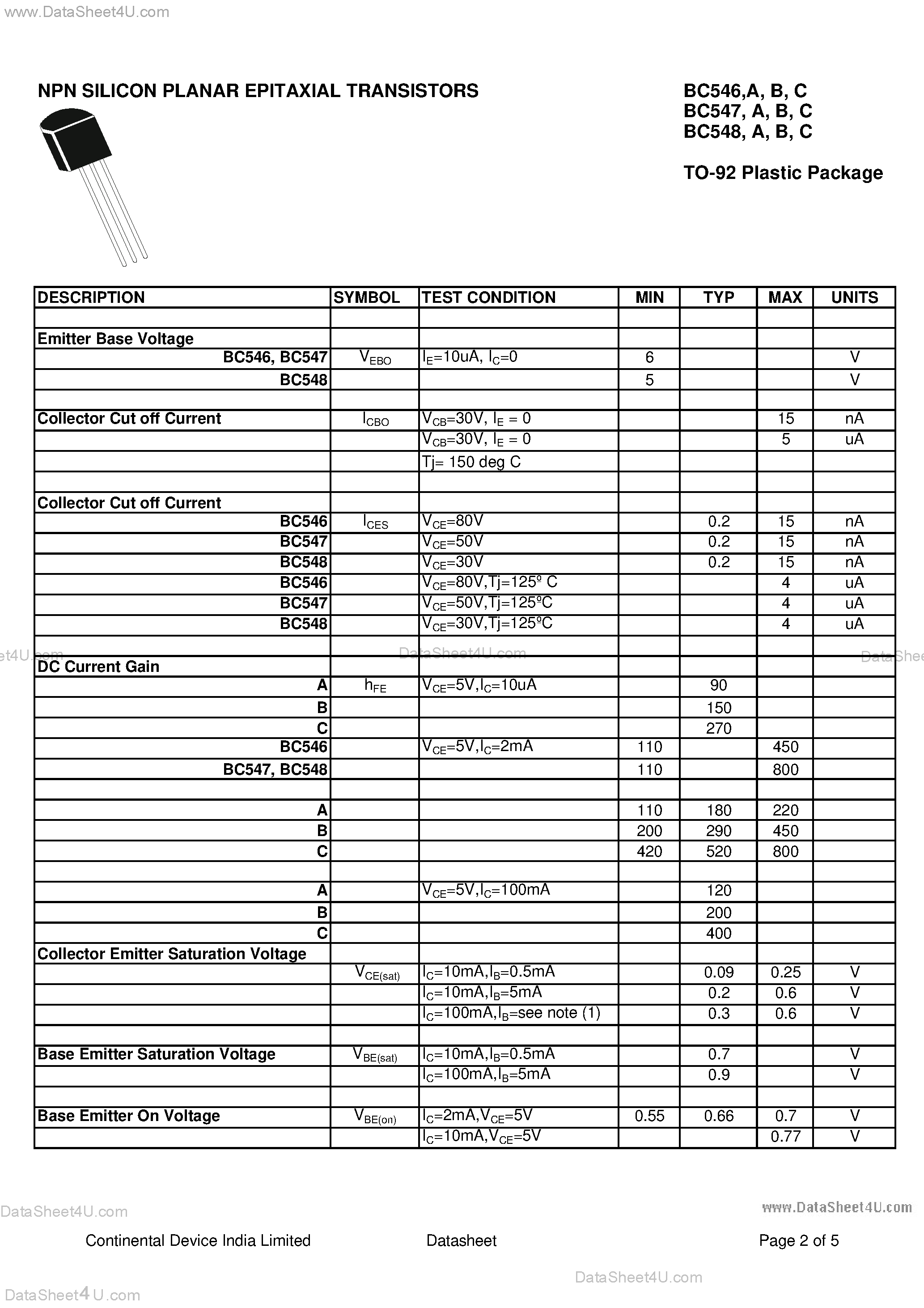 Даташит BC546A - (BC546 - BC548) NPN Silicon Planar Epitaxial Transistors страница 2