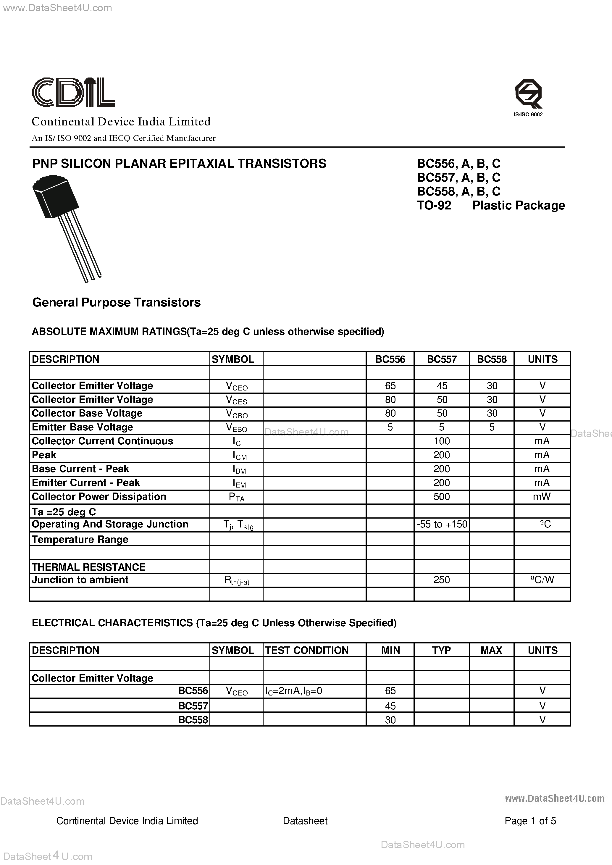 Даташит BC556A - (BC556 - BC558) PNP Silicon Planar Epitaxial Transistors страница 1