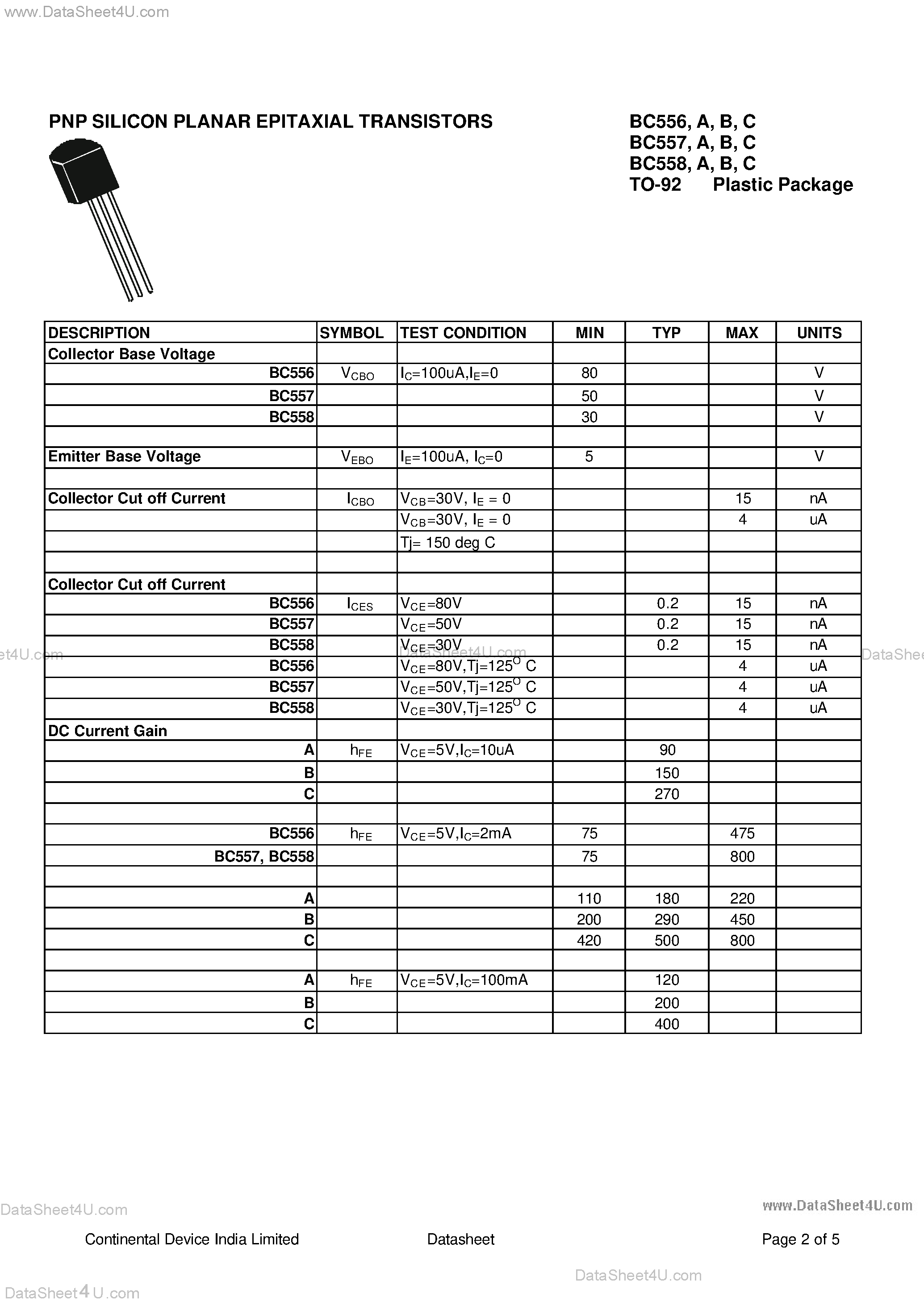 Даташит BC556A - (BC556 - BC558) PNP Silicon Planar Epitaxial Transistors страница 2