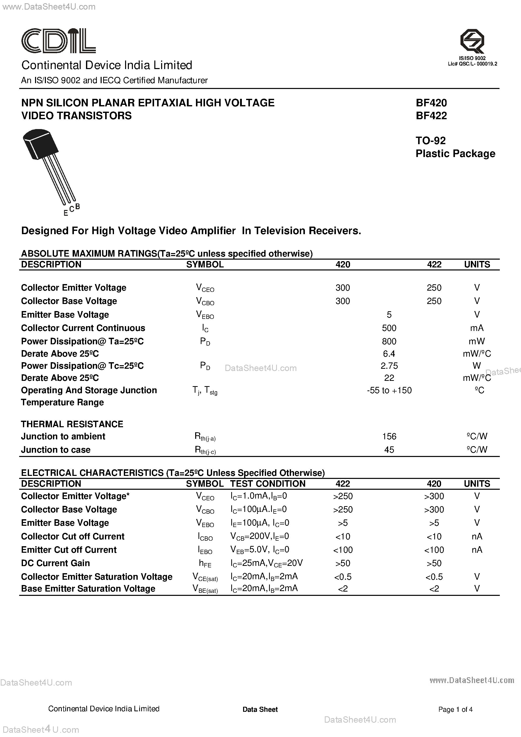 Даташит BF420 - (BF420 / BF422) NPN Silicon Planar Epitaxial High Voltage Video Transistors страница 1