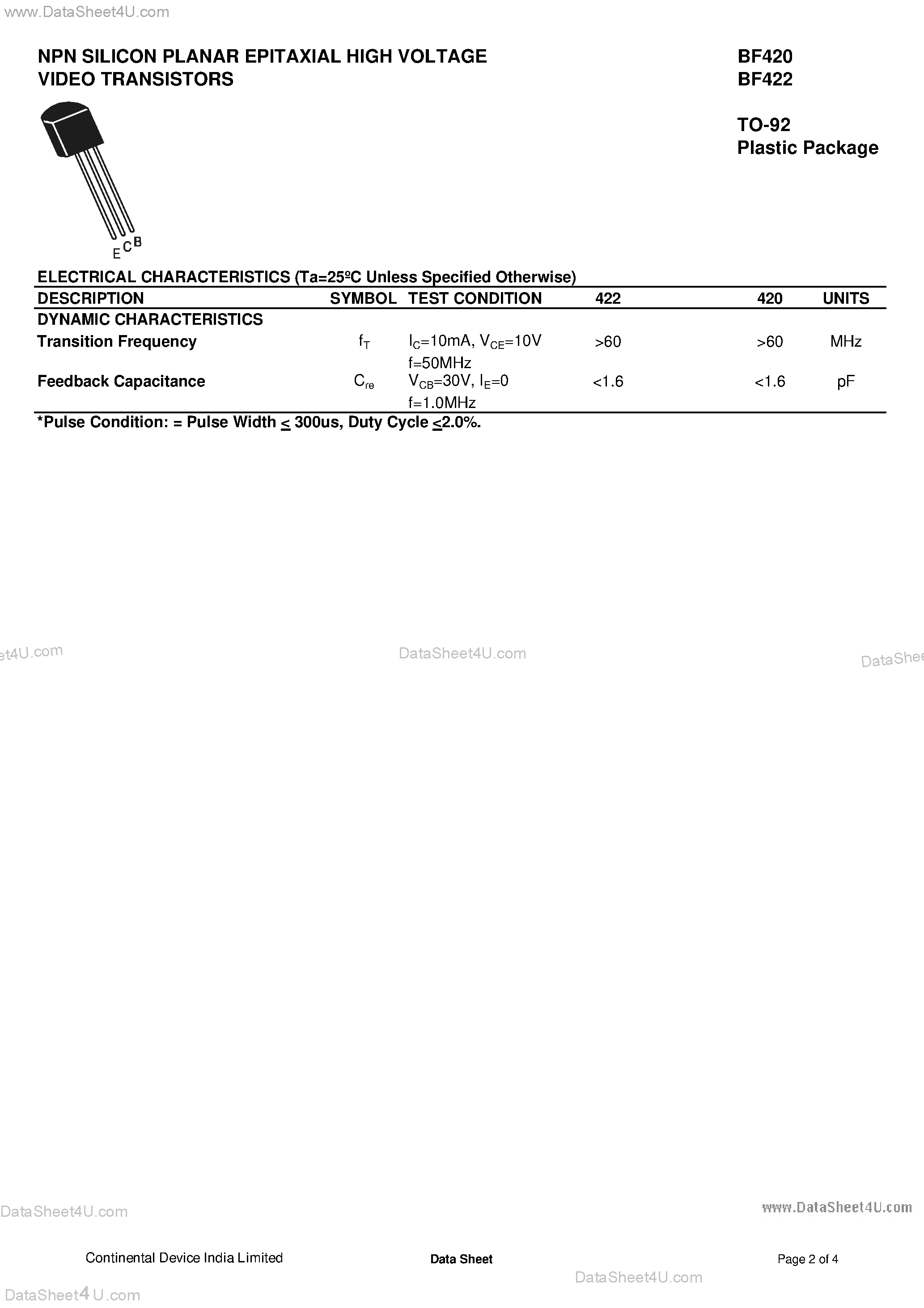 Даташит BF420 - (BF420 / BF422) NPN Silicon Planar Epitaxial High Voltage Video Transistors страница 2