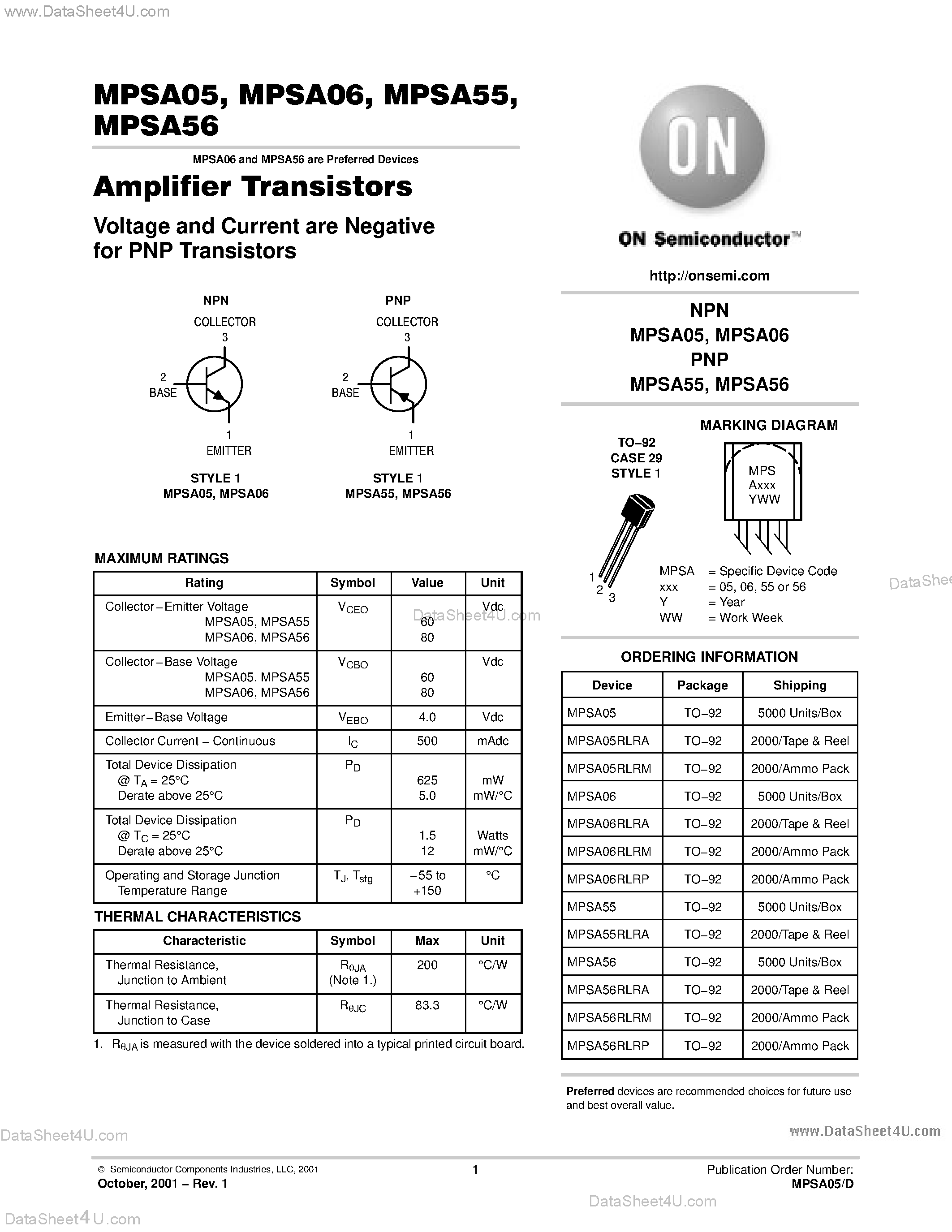Datasheet MPSA05 page 1 Datasheet MPSA05 - (MPSA05 - MPSA56) Amplifier Transistors page 1
