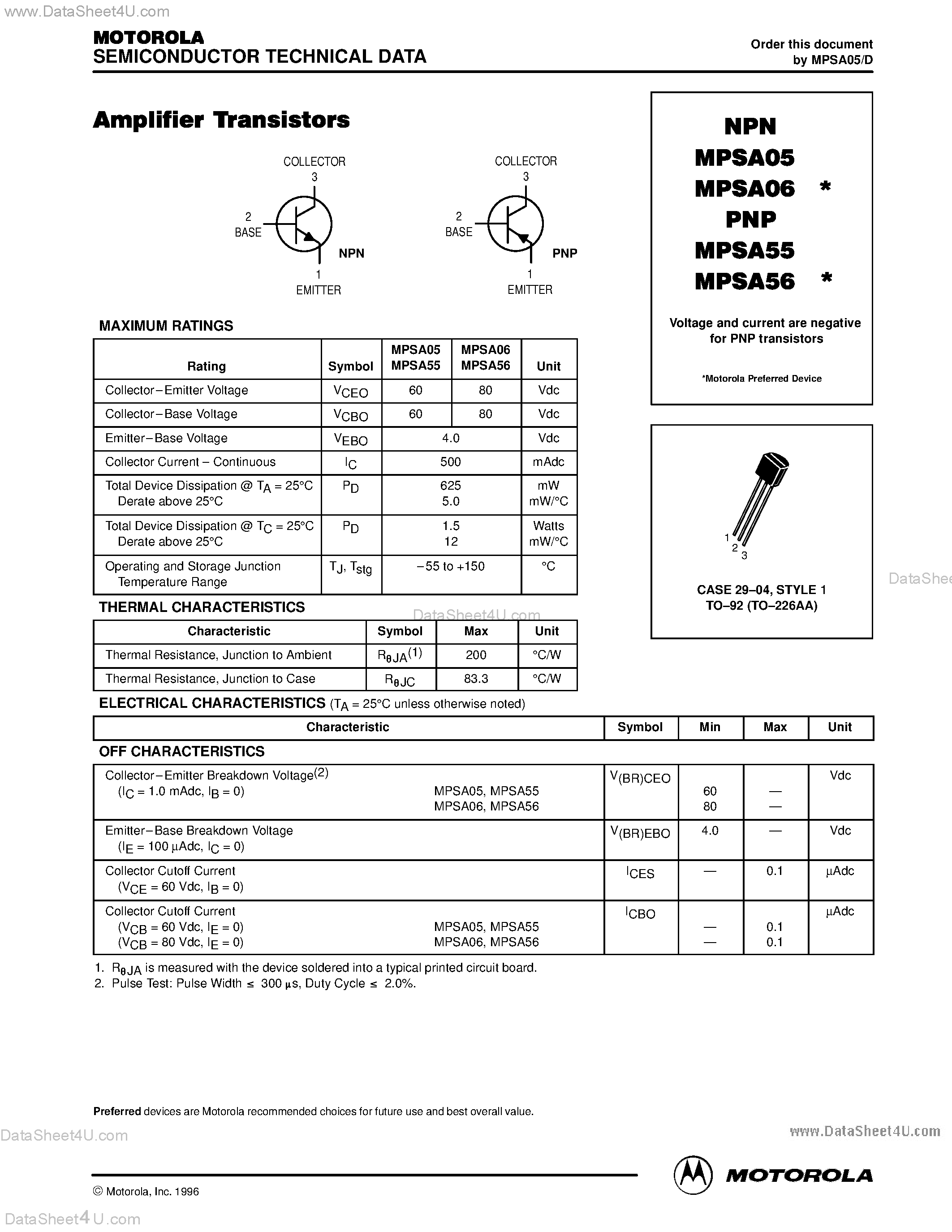 Datasheet MPSA05 - (MPSAx5 / MPSAx6) Amplifier Transistors page 1