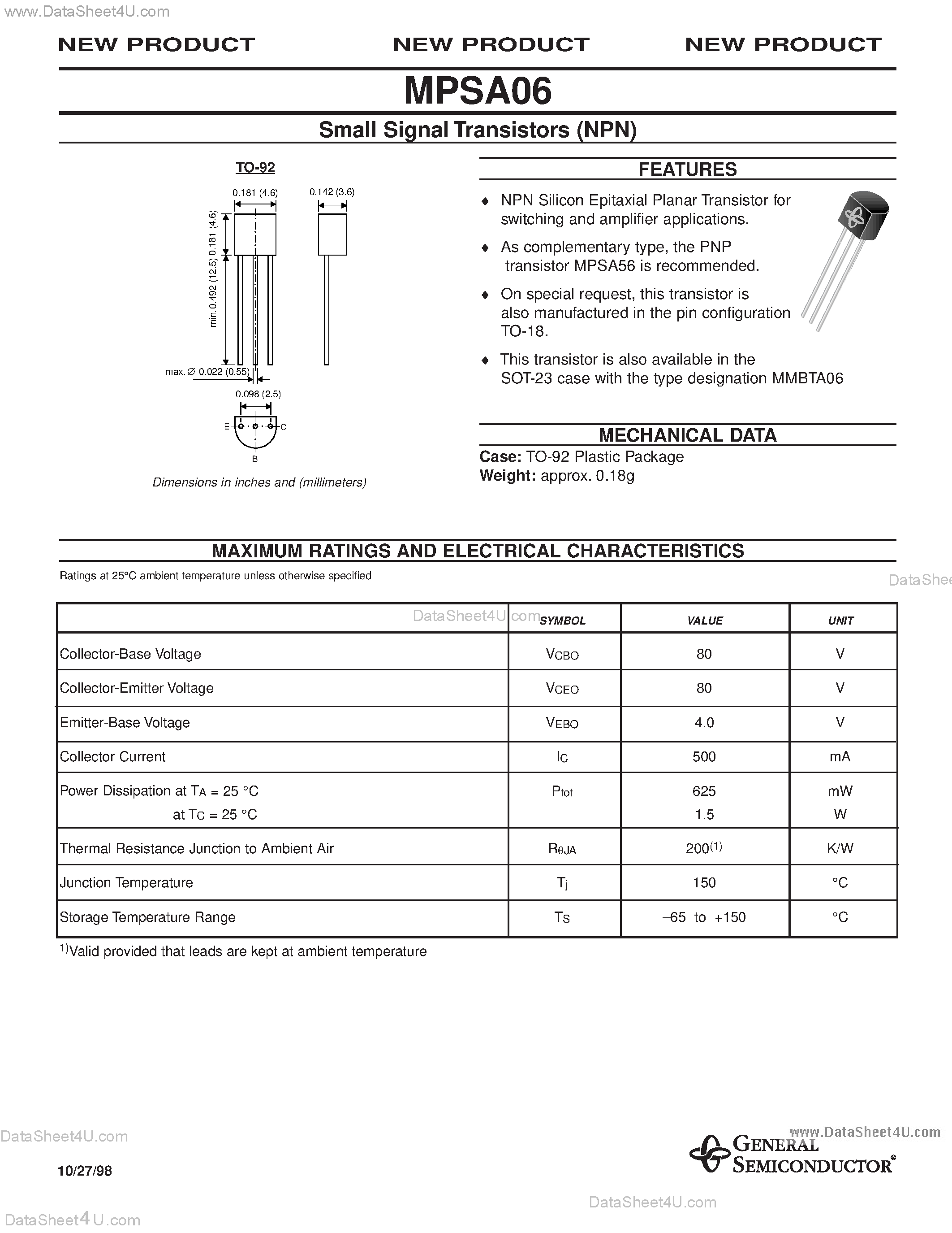 Datasheet MPSA06 page 1 Datasheet MPSA06 - Small Signal Transistors (NPN) page 1