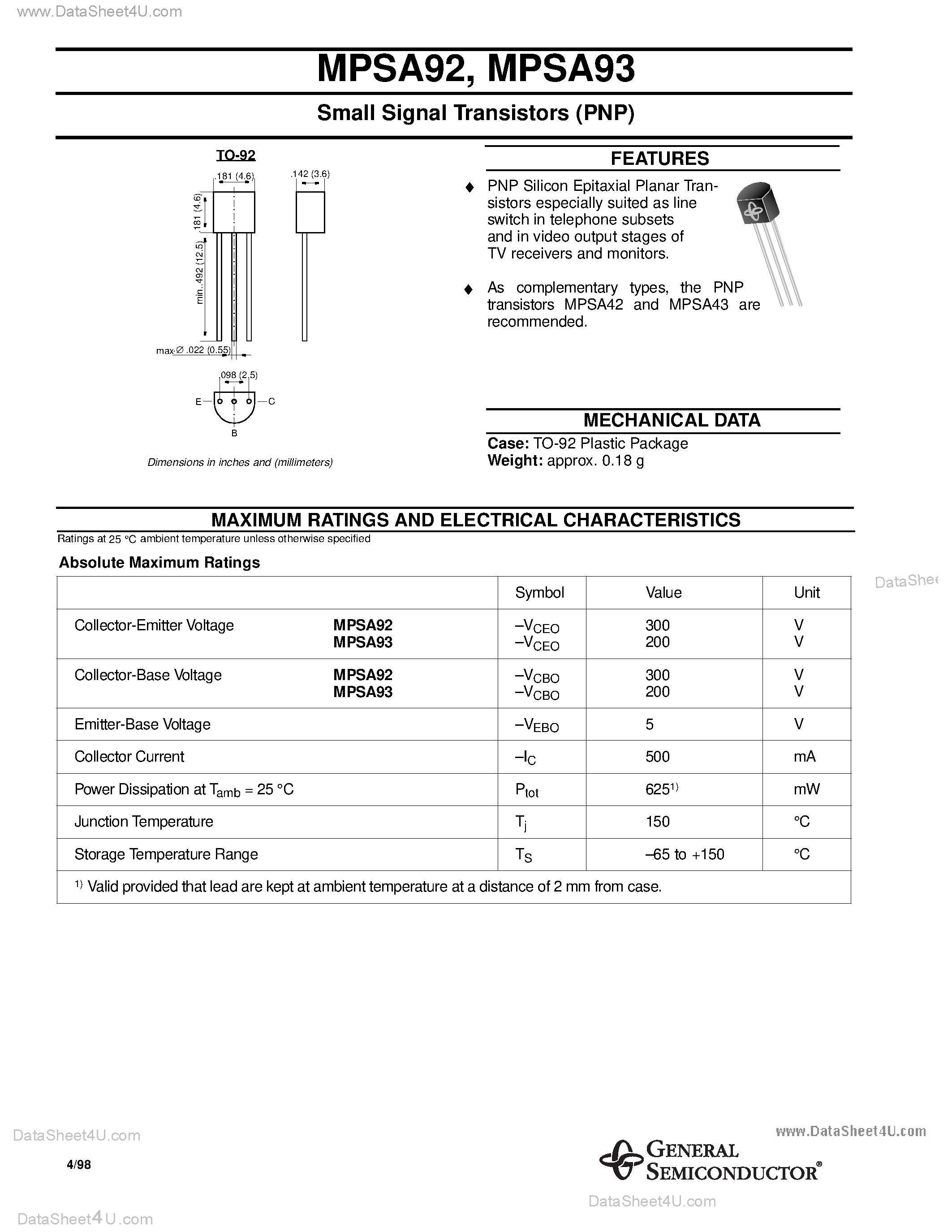 Datasheet MPSA92 page 1 Datasheet MPSA92 - (MPSA92 / MPSA93) Small Signal Transistors (PNP) page 1
