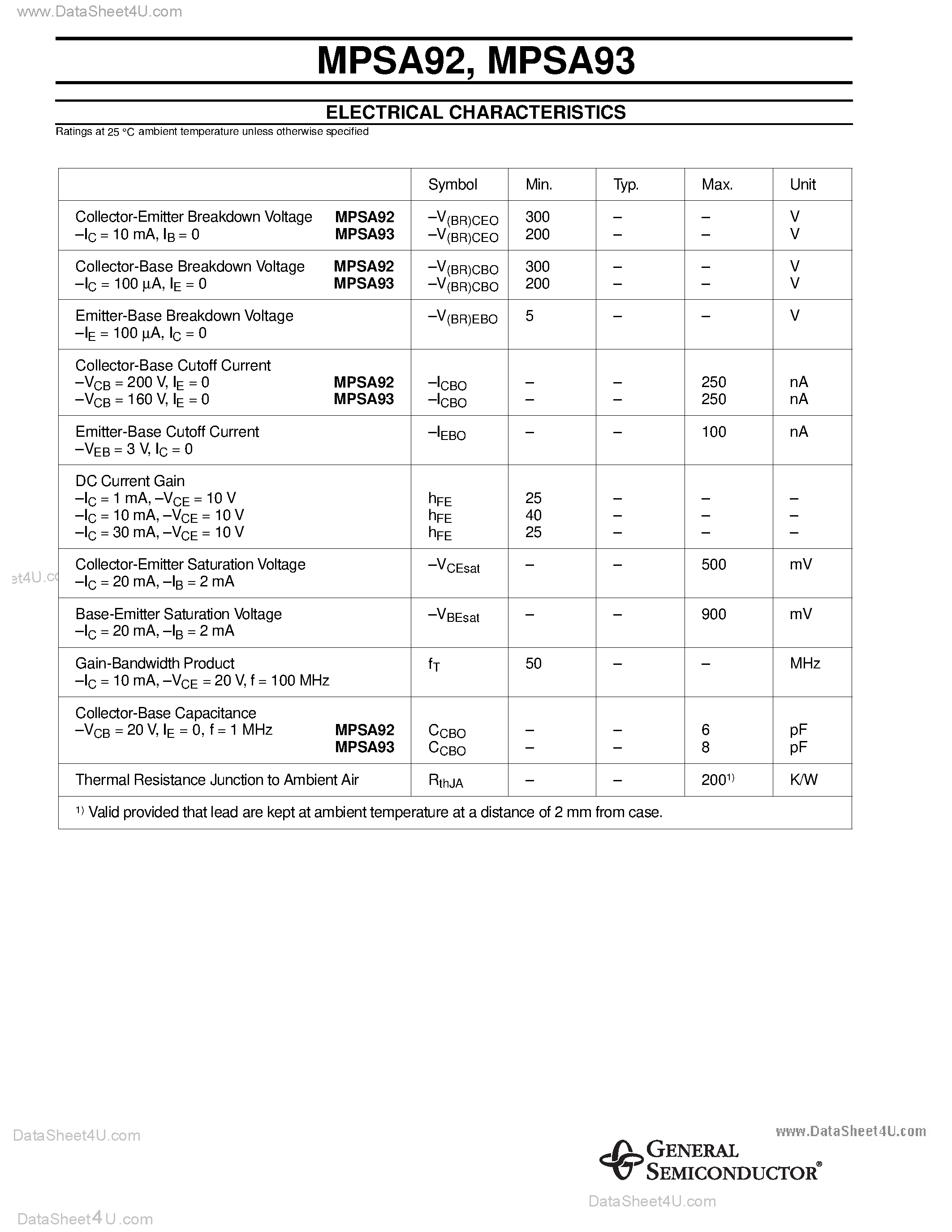 Datasheet MPSA92 page 2 Datasheet MPSA92 - (MPSA92 / MPSA93) Small Signal Transistors (PNP) page 2