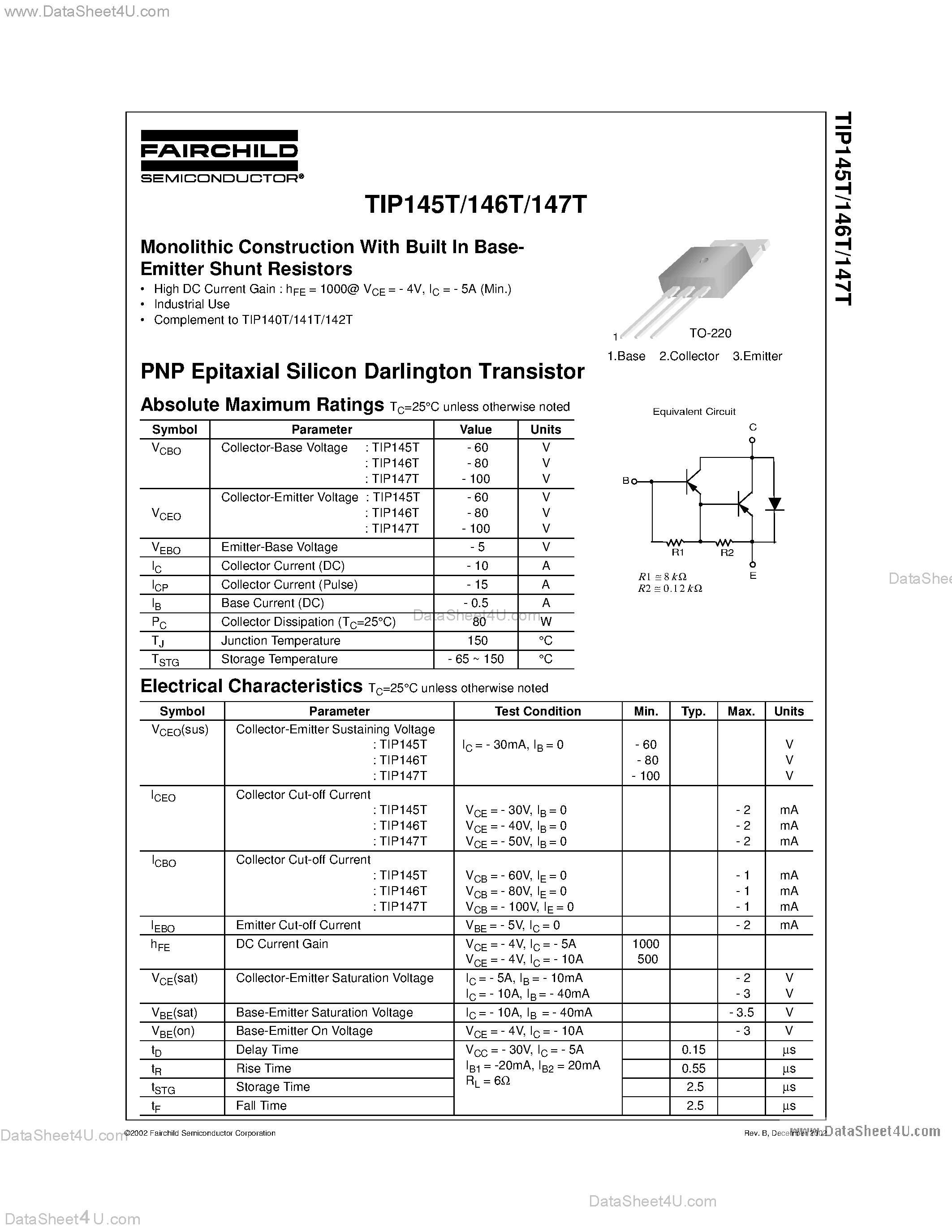 Даташит TIP145T - (TIP145T - TIP147T) Monolithic Construction With Built In Base-Emitter Shunt Resistors страница 1