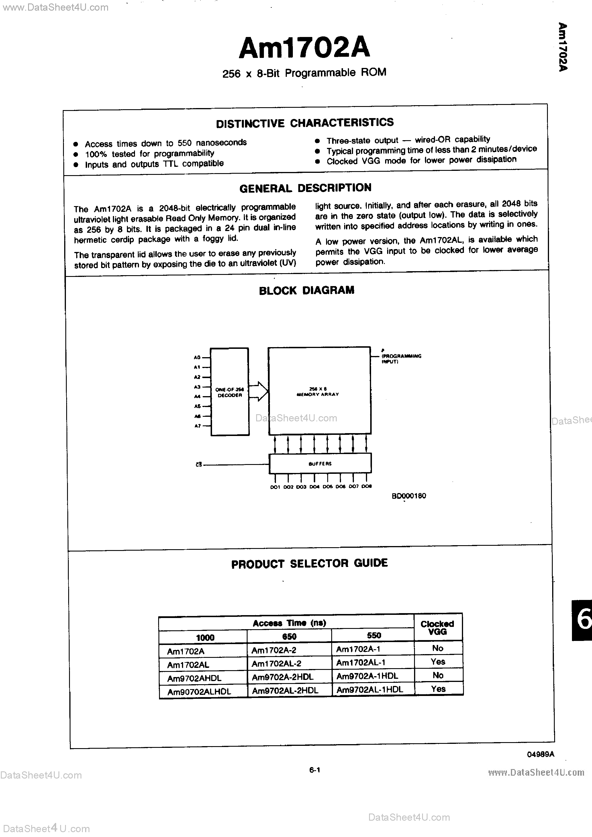 Datasheet AM1702A page 1 Datasheet AM1702A - 256 x 8-Bit Programmable ROM page 1