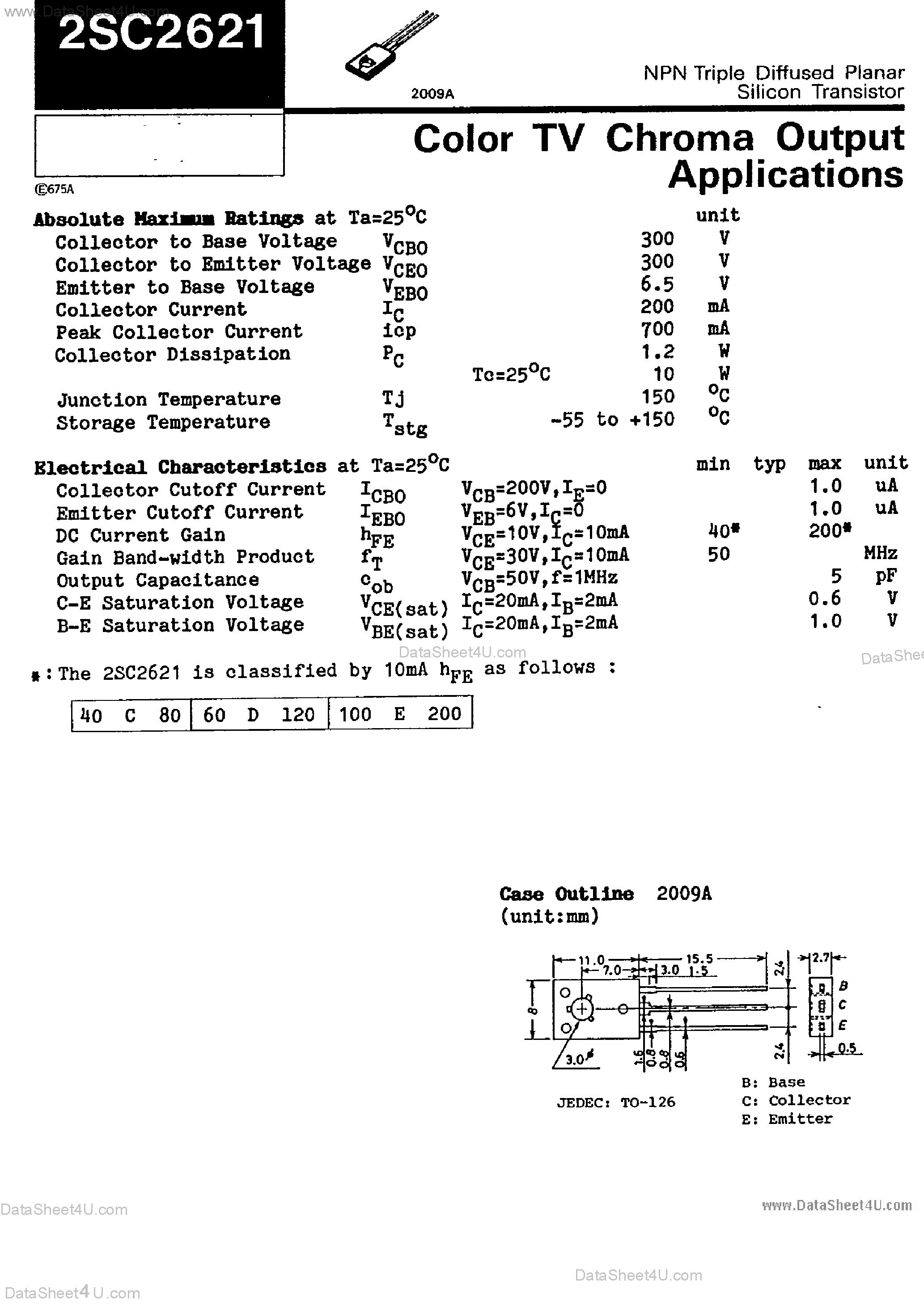 Datasheet 2SC2621 - Color TV Chroma Output Applications page 1