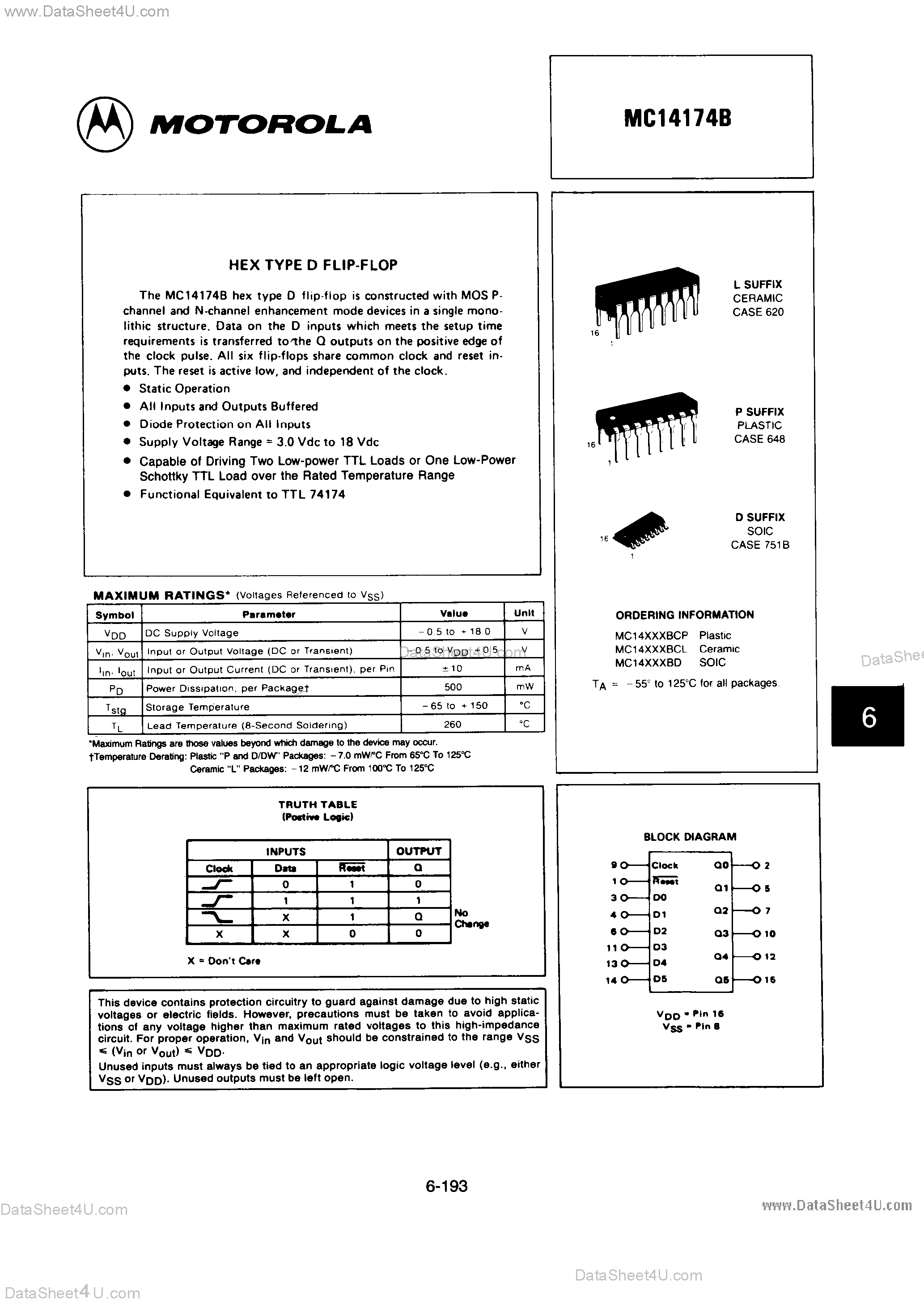 Datasheet MC14174B - Hex Type D Flp-Flop page 1
