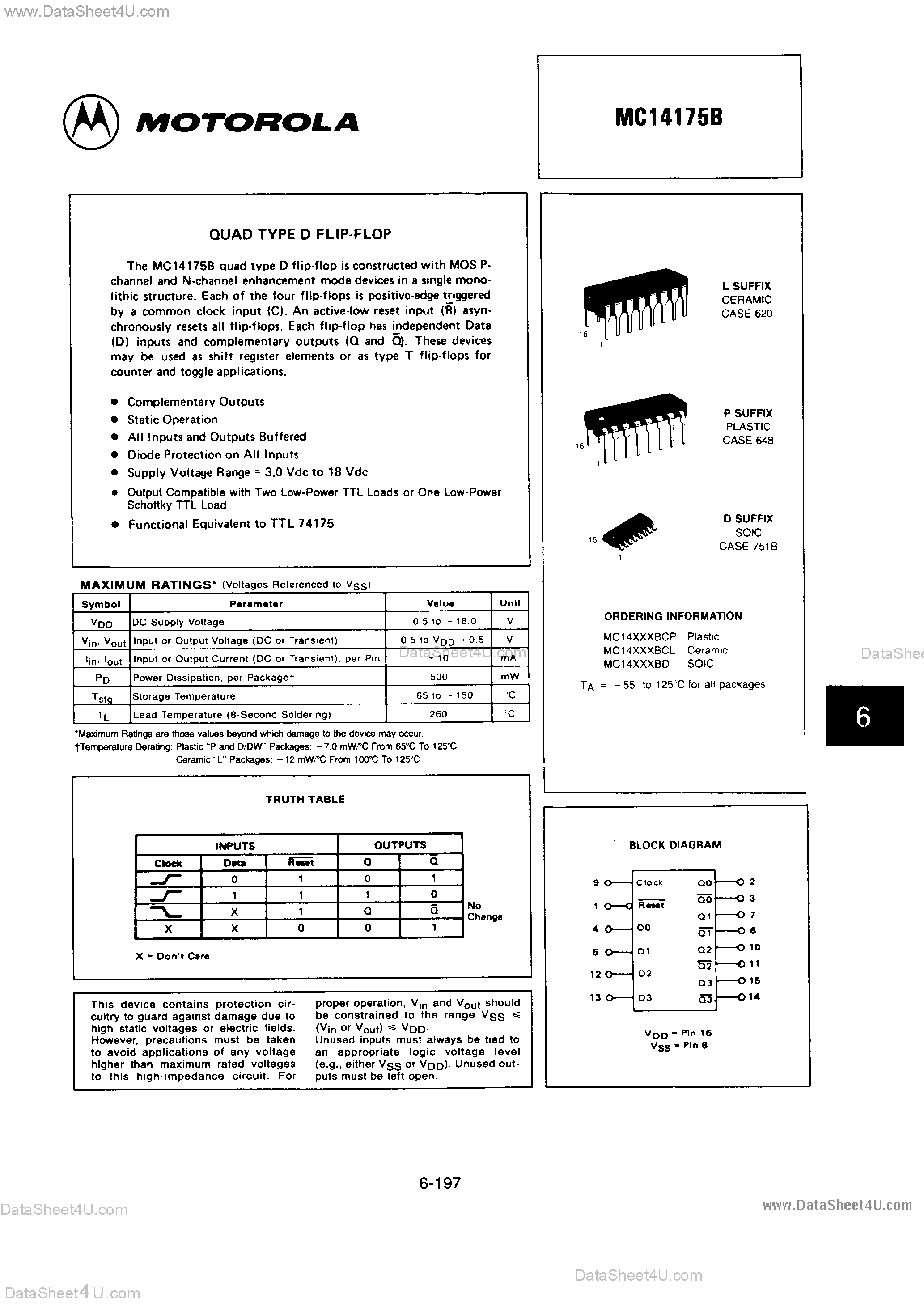 Даташит MC14175B - Quad Type D Flp-Flop страница 1