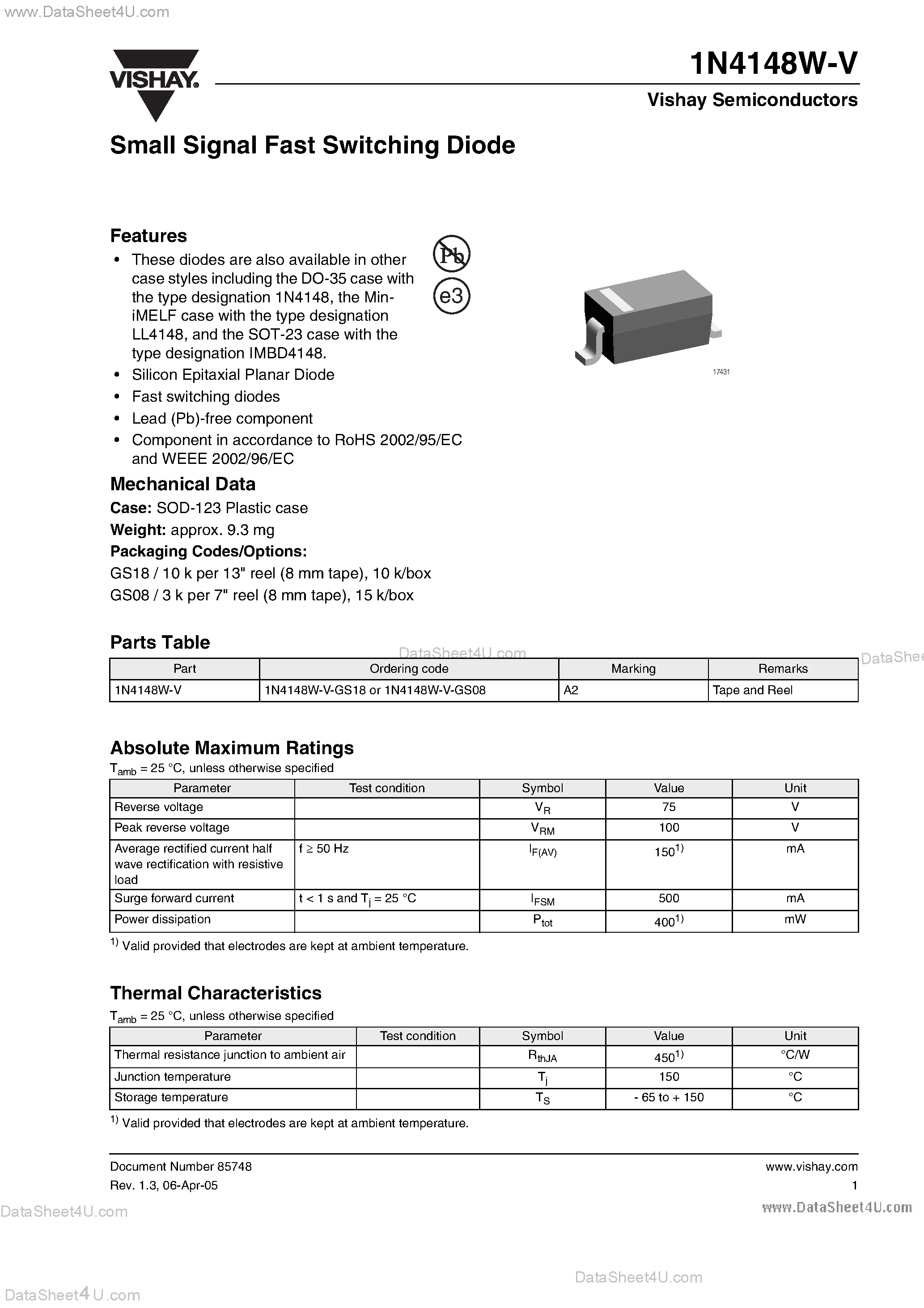 Datasheet 1N4148W-V - Small Signal Fast Switching Diode page 1
